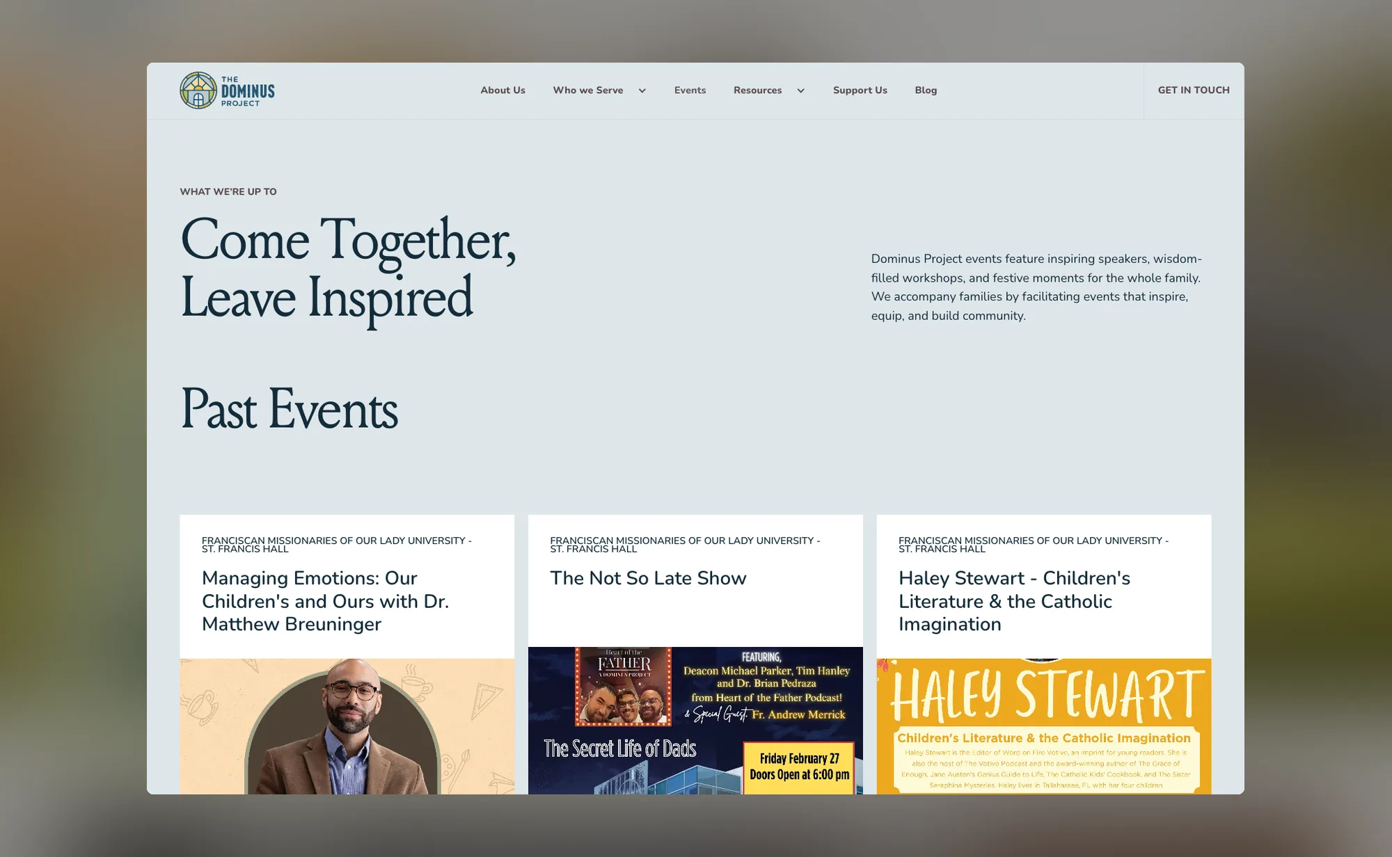 The events page, with a past events grid of speaker talks and live show listings