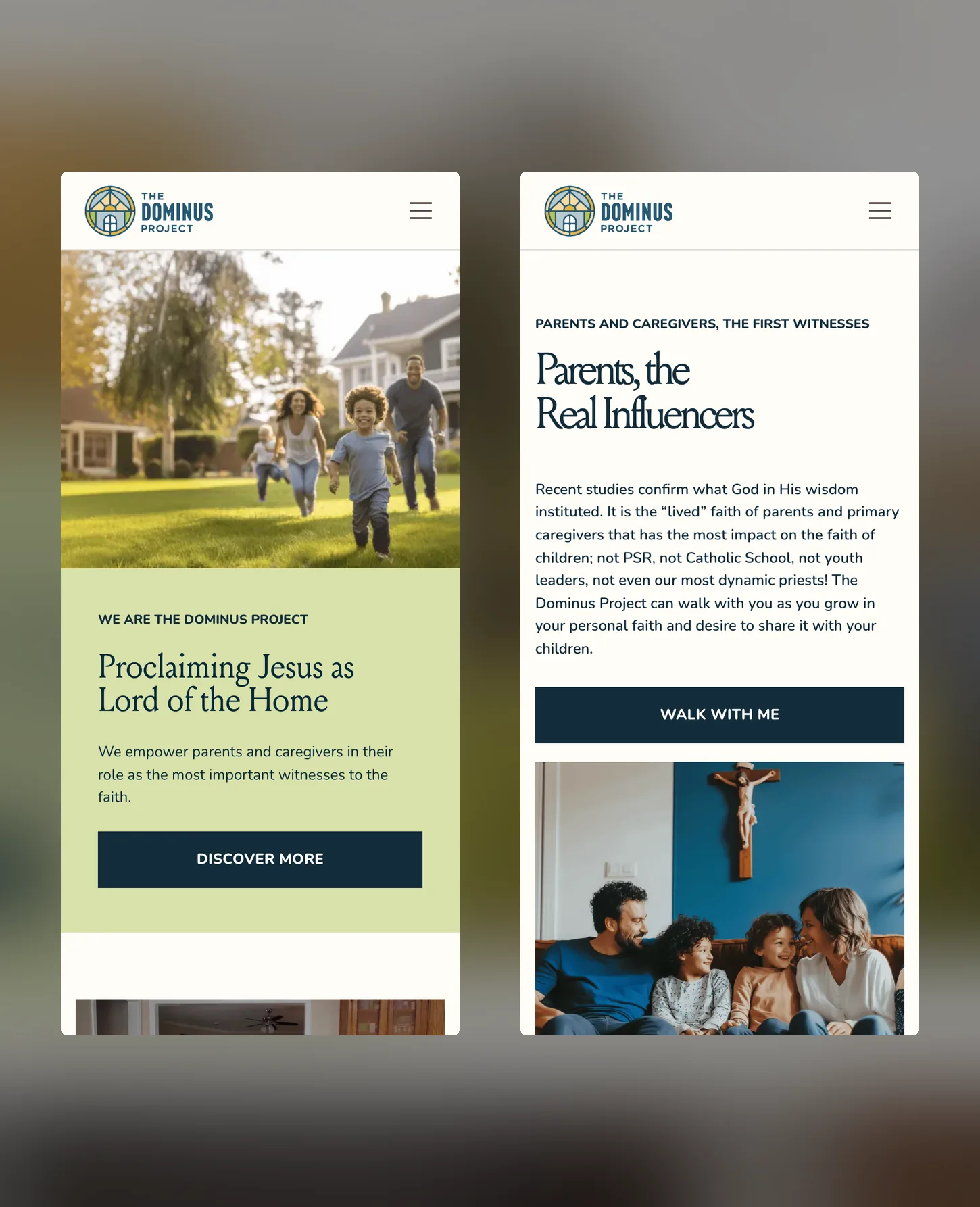 Two phone screens side by side: the homepage and the page for parents and caregivers