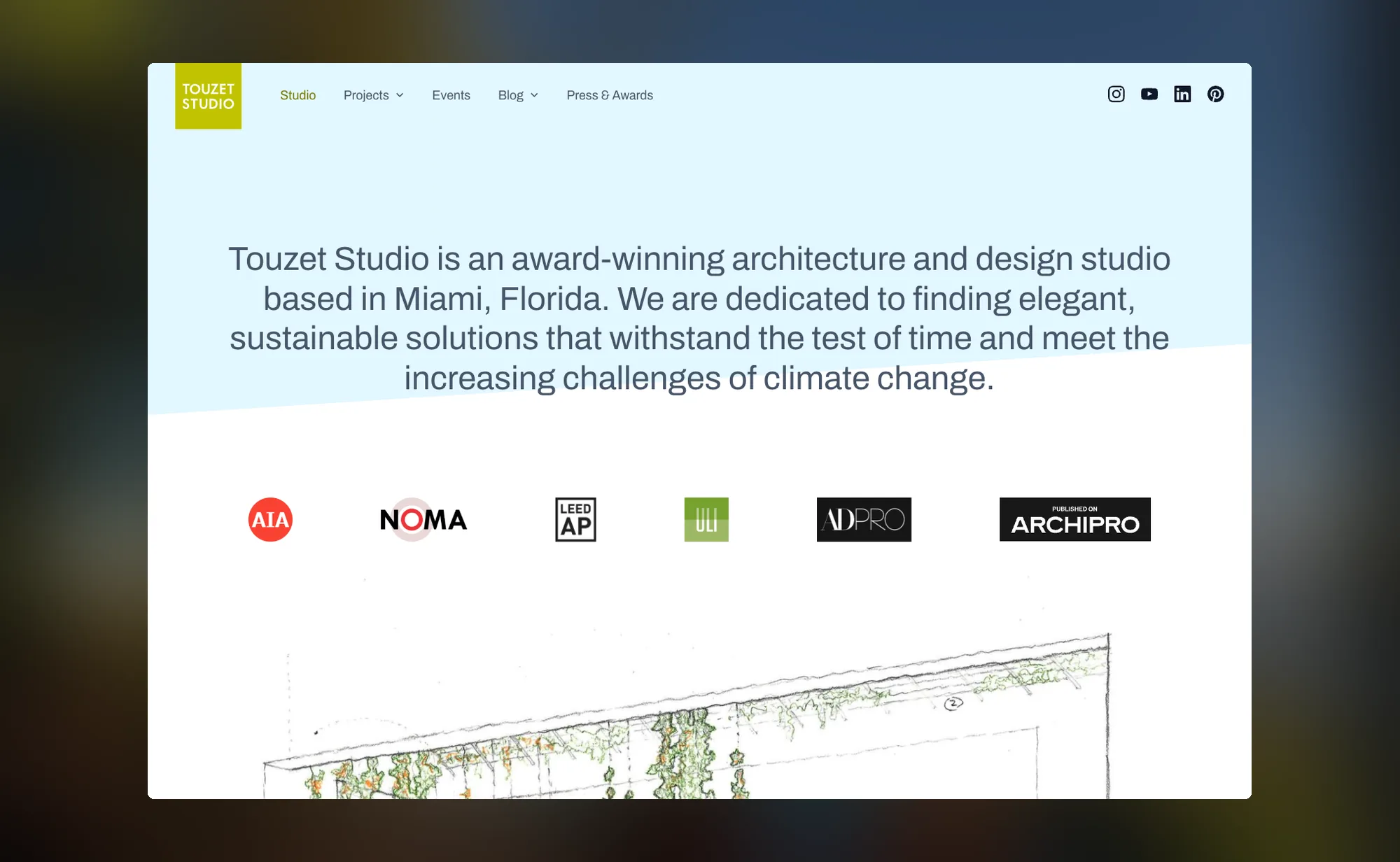The studio page, with a statement about the practice above a row of professional affiliation logos and an architectural sketch