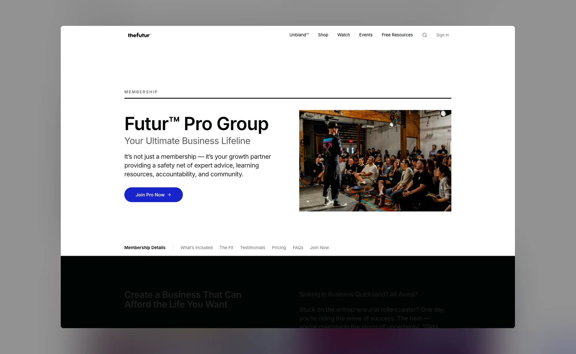 The Futur Pro Group membership page, with a Join Pro Now button and a section nav for membership details, pricing and FAQs