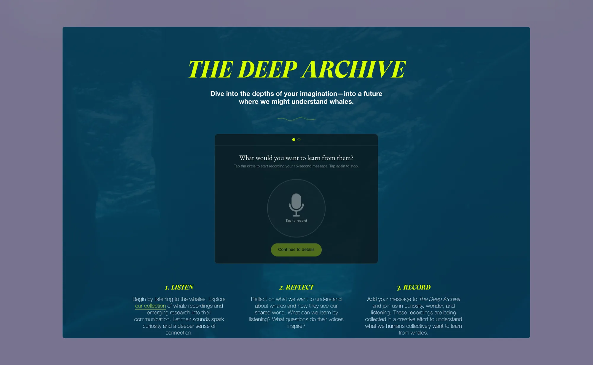 The Deep Archive section with its voice recorder panel, a tap to record circle and a 15-second message limit, above the listen, reflect and record steps