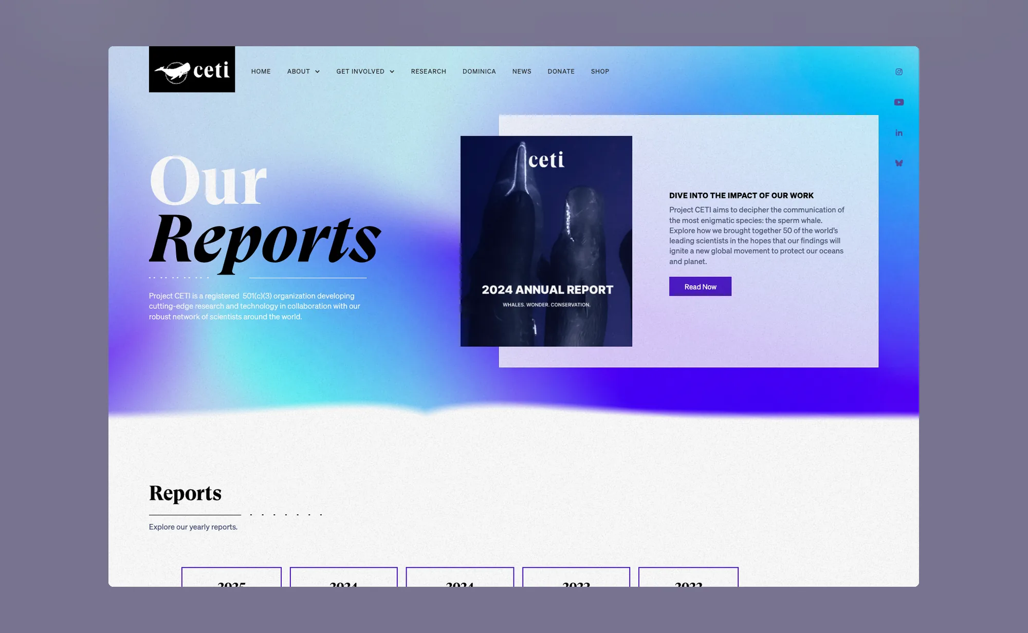 The nonprofit's reports page, with the 2024 annual report cover beside a list of yearly reports