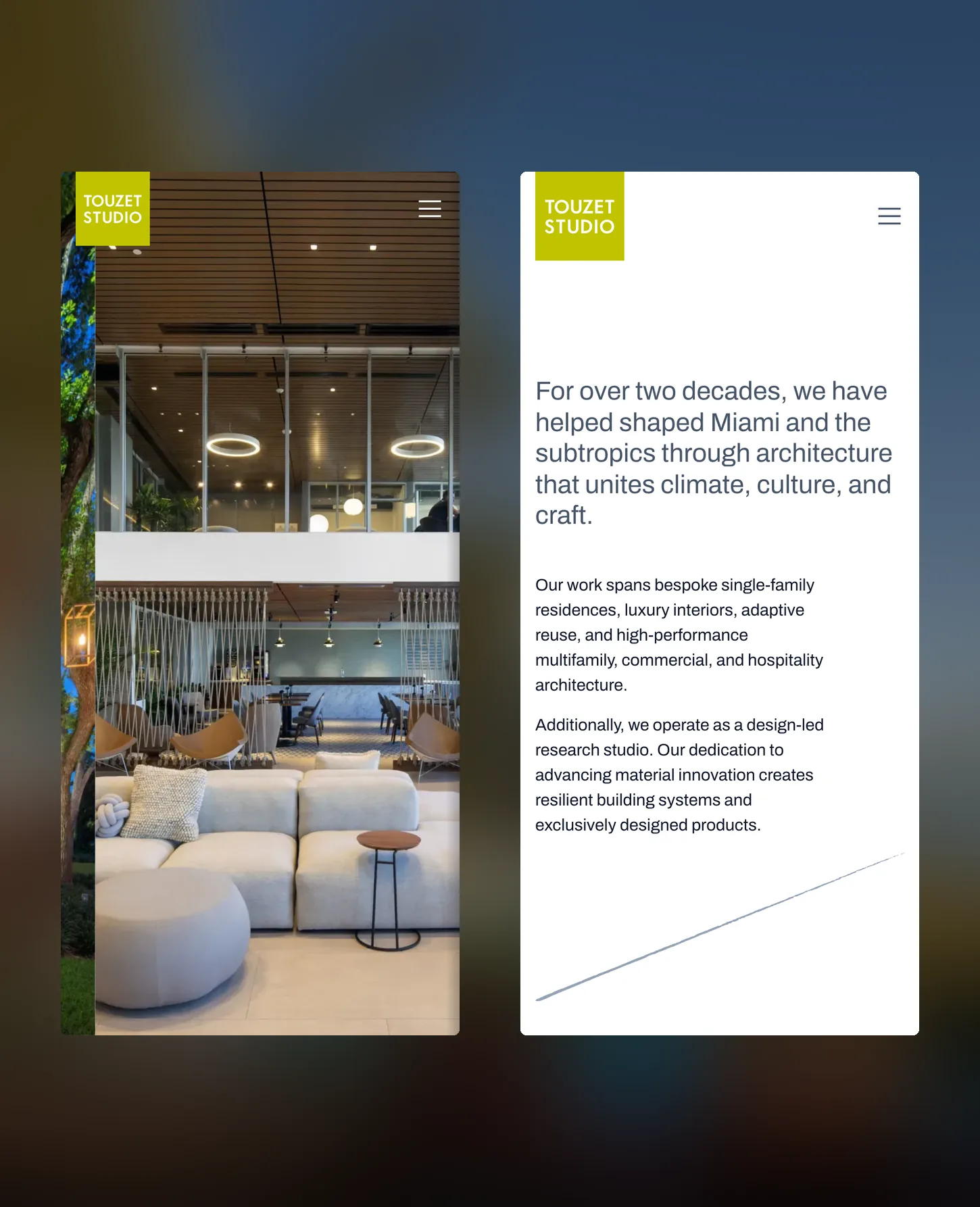 Two phone screens side by side: the Touzet Studio homepage photograph and the work index