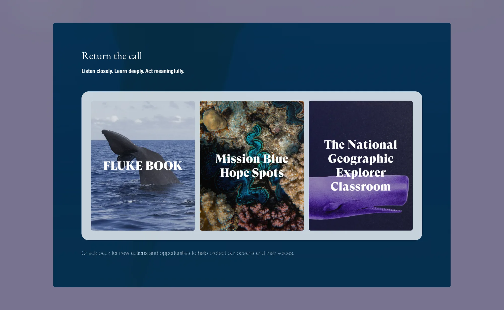 The Return the call section, three cards linking out to a fluke book, ocean hope spots and a classroom resource