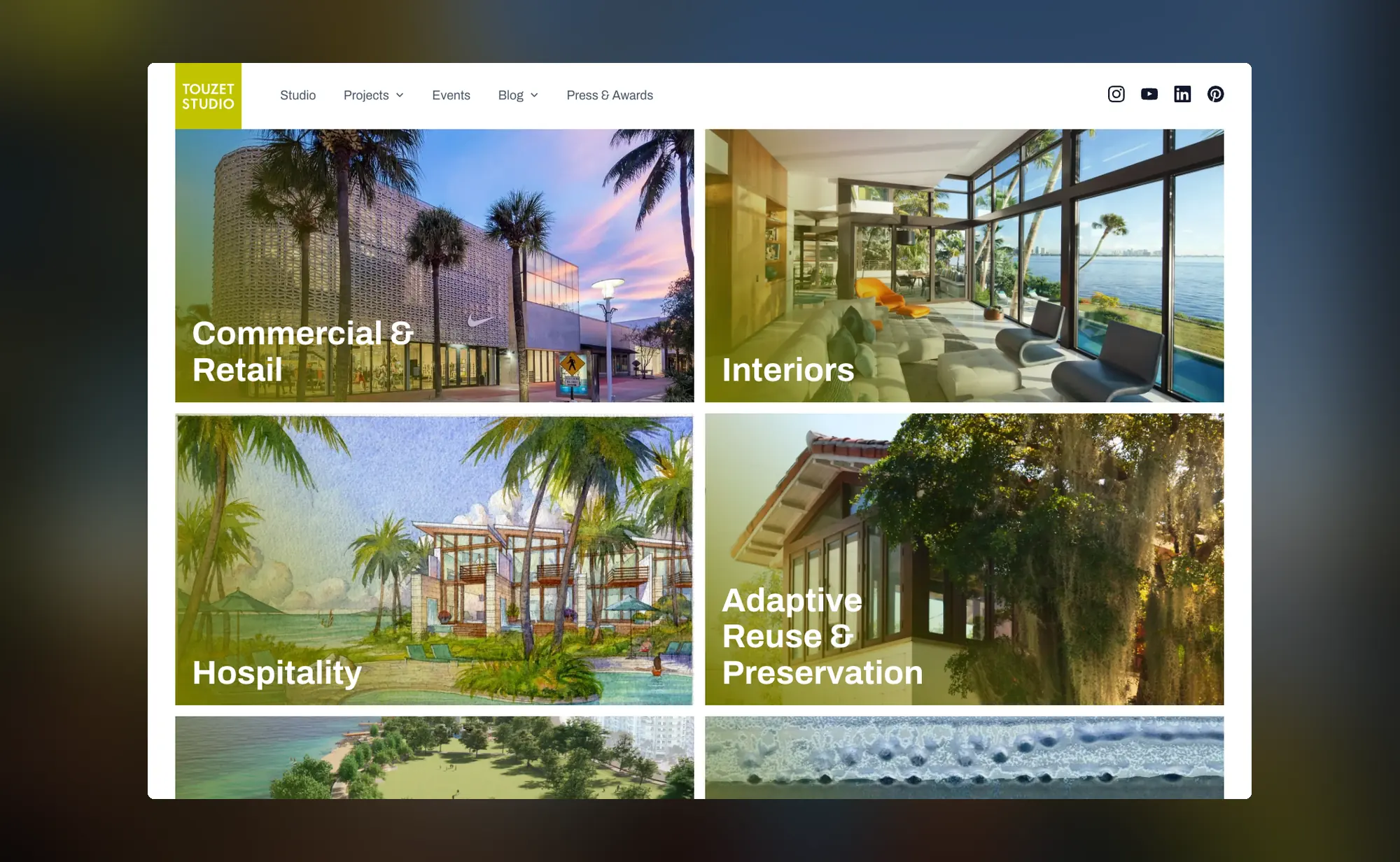 The Touzet Studio work index as a grid of project category tiles: commercial and retail, interiors, hospitality, adaptive reuse and preservation