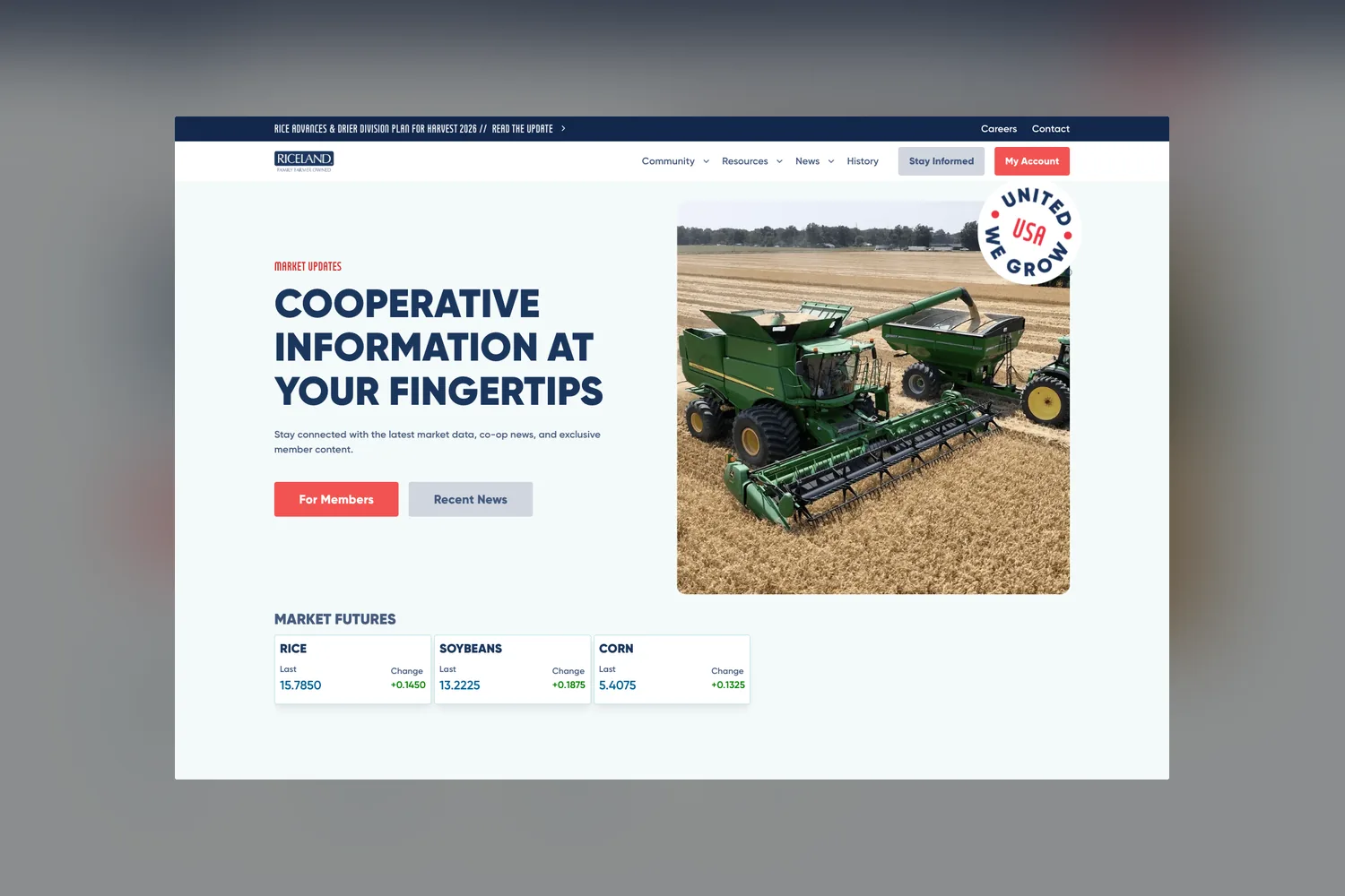 The Riceland homepage, headed Cooperative information at your fingertips, with a harvest photograph and a market futures panel