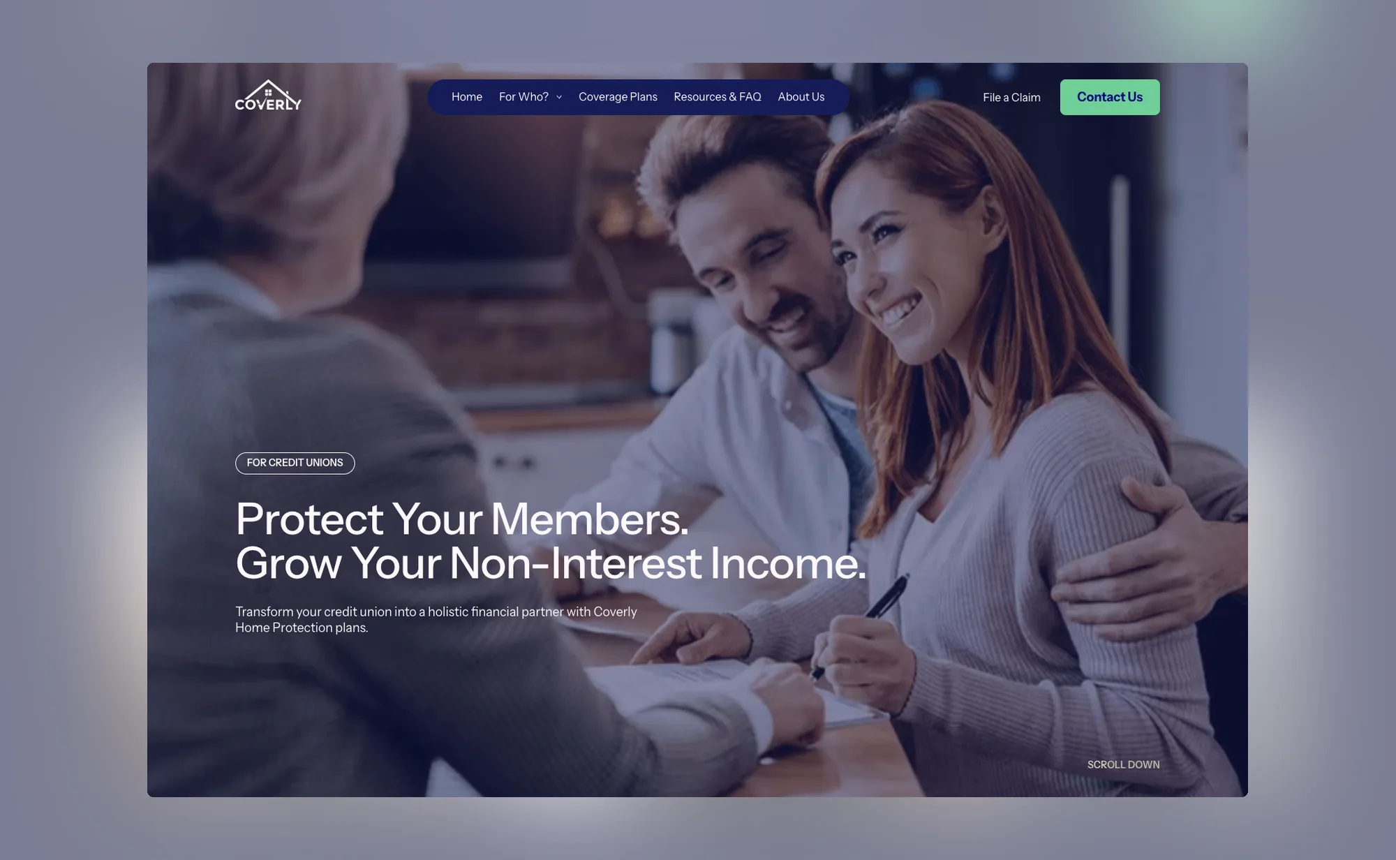 The For credit unions page, headed Protect your members, grow your non-interest income
