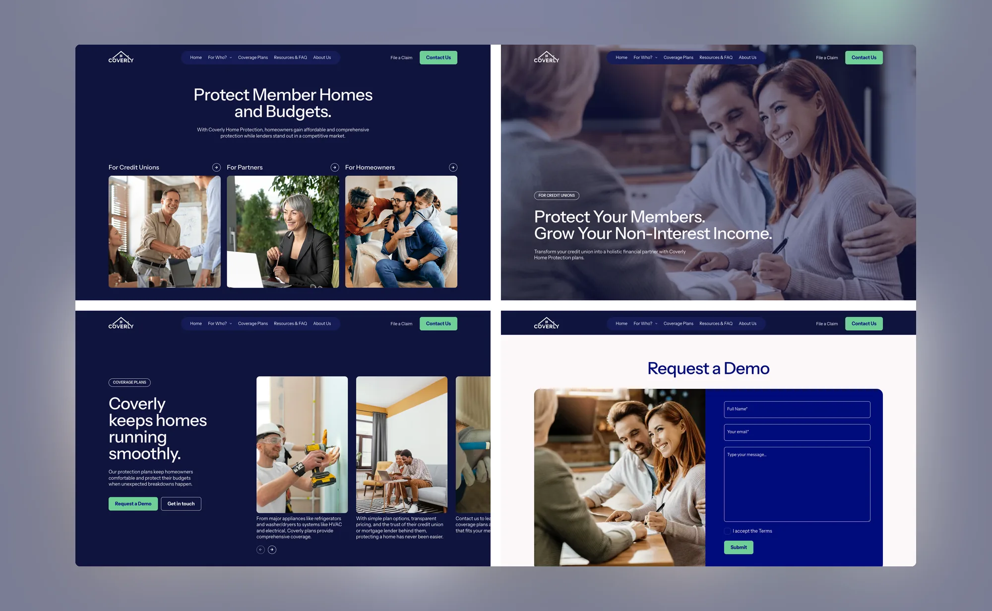 Four Coverly pages tiled: the homepage, the credit unions page, the coverage plans page and the request a demo form