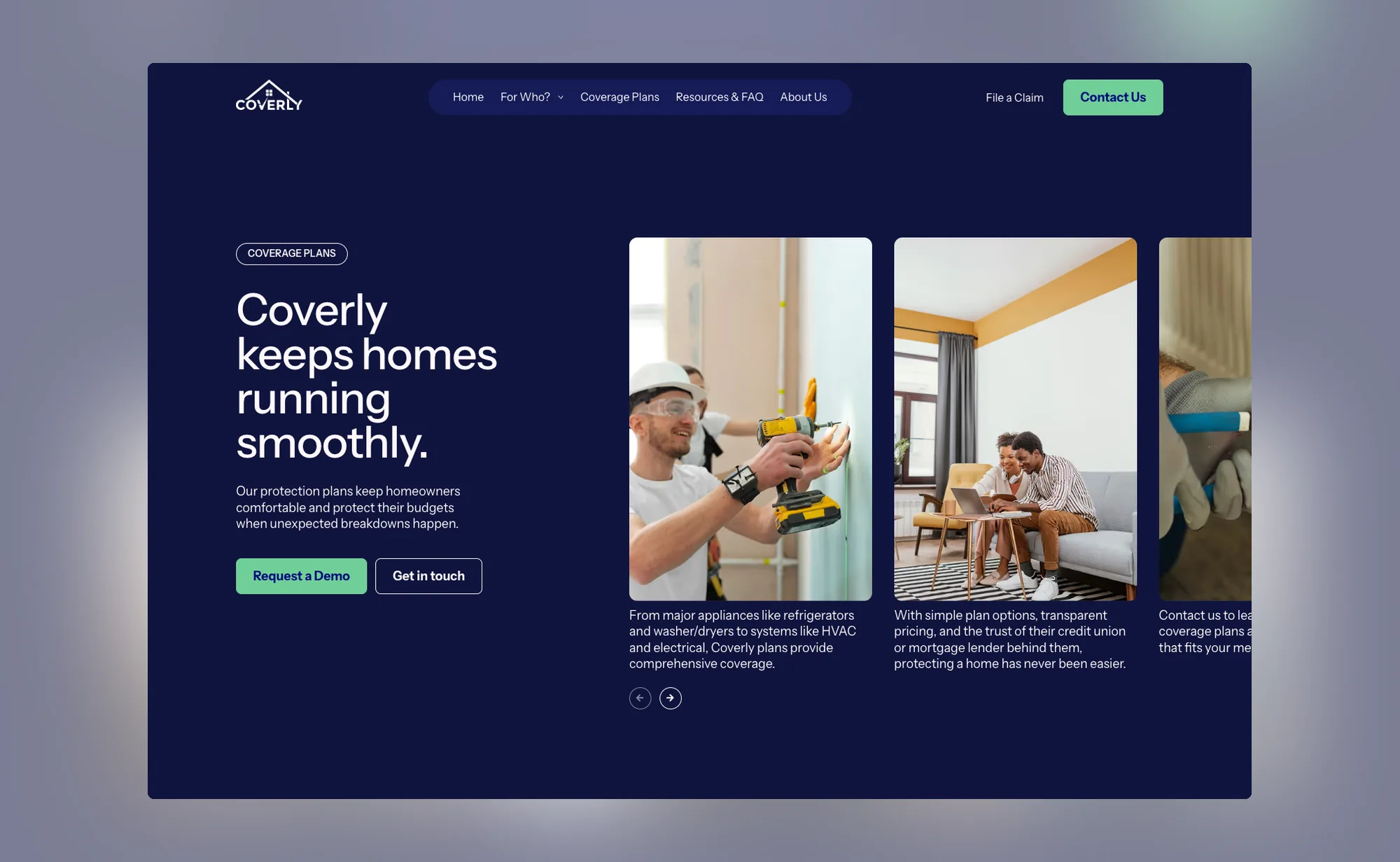 The coverage plans page, headed Coverly keeps homes running smoothly, with a carousel of plan cards