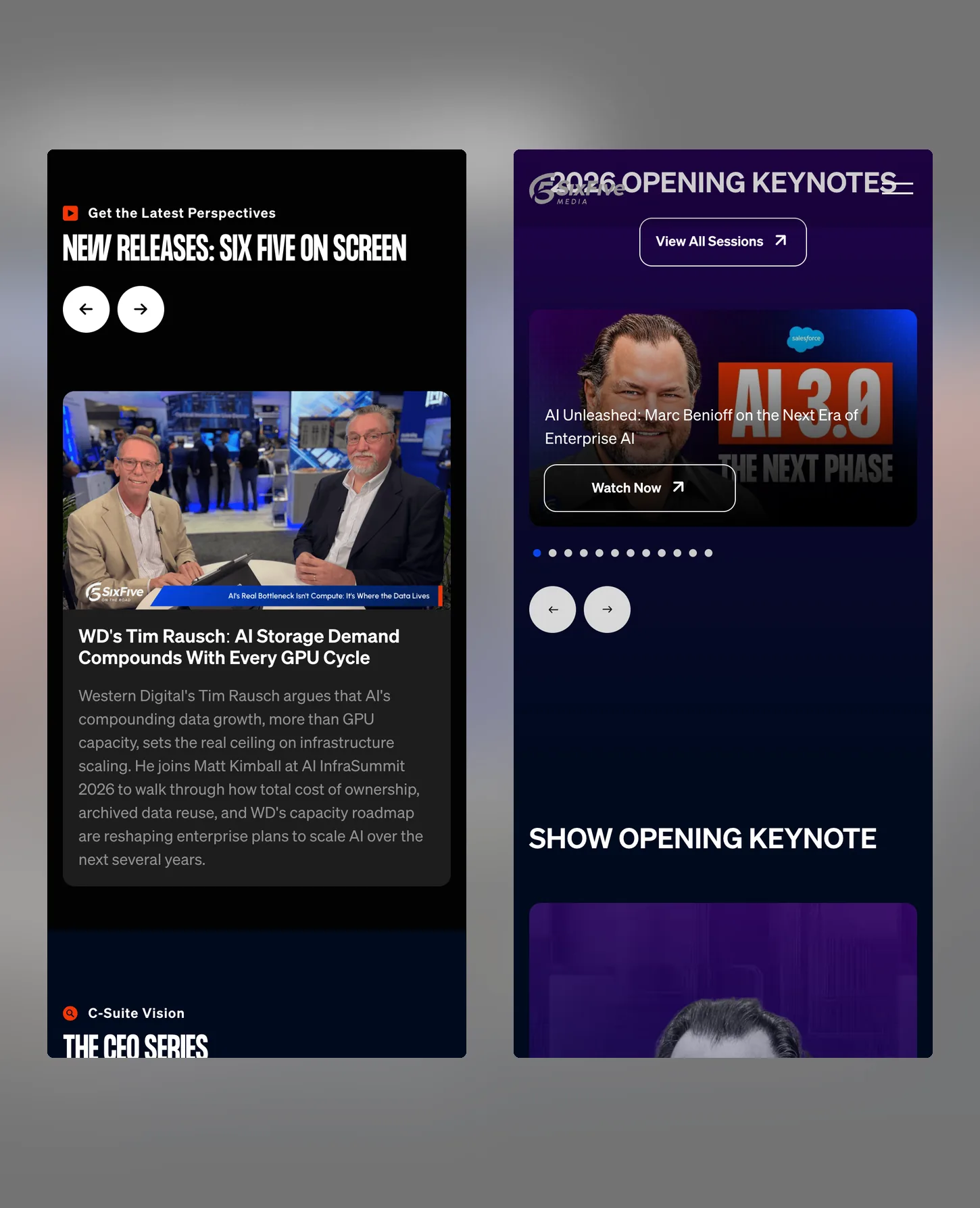 Two phone screens side by side: the homepage video carousel and the summit page with its opening keynotes and a View all sessions button