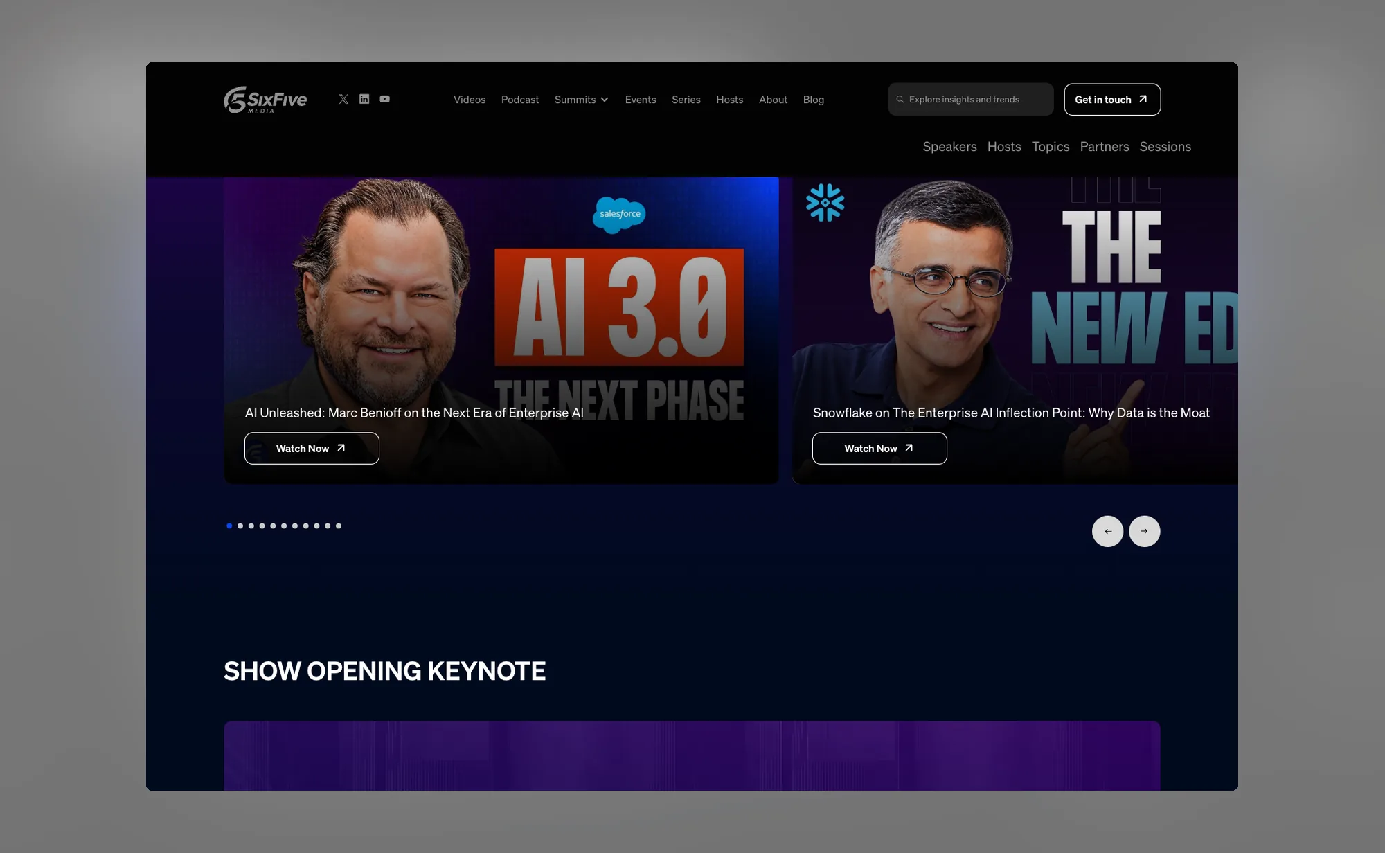 The Six Five Summit page in its on-demand state, session cards with Watch now buttons and a carousel of keynotes