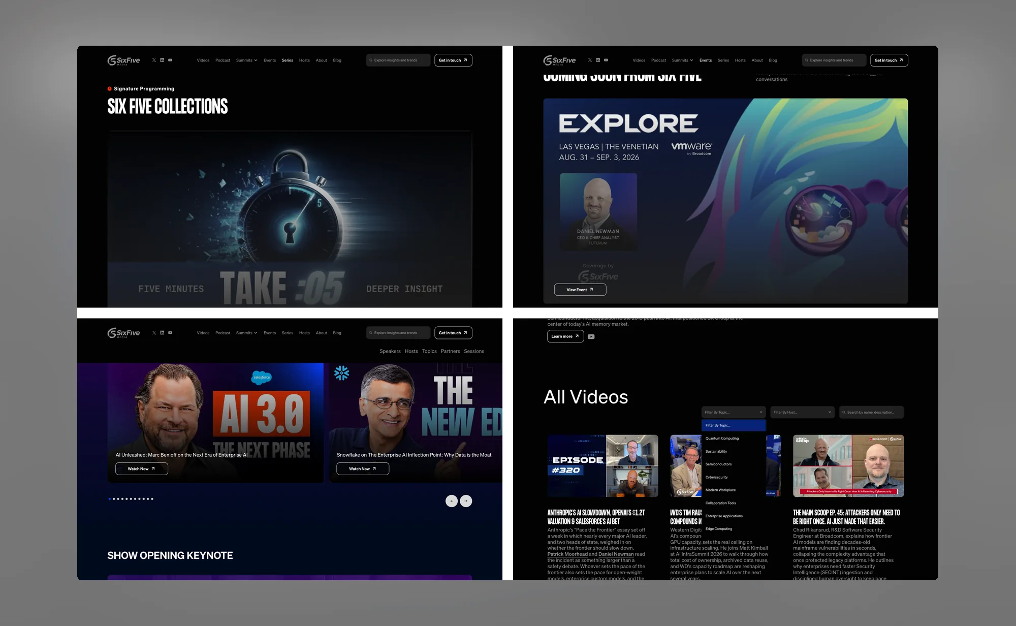 Four Six Five Media pages tiled: the series collections page, the events page, the summit page and the videos page with its topic filter