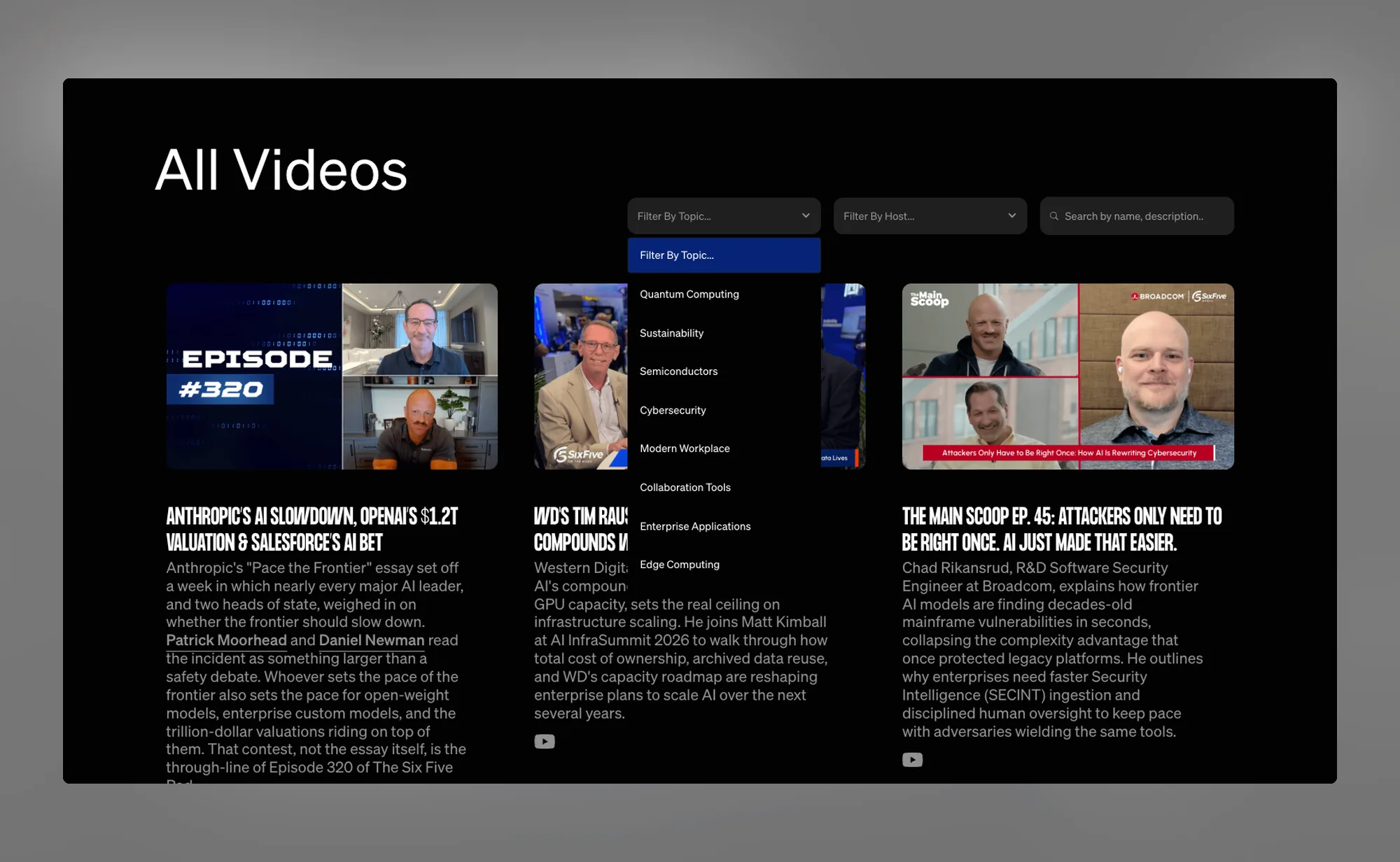 The All videos page with the topic filter open, listing topics such as quantum computing, semiconductors and cybersecurity above the video grid