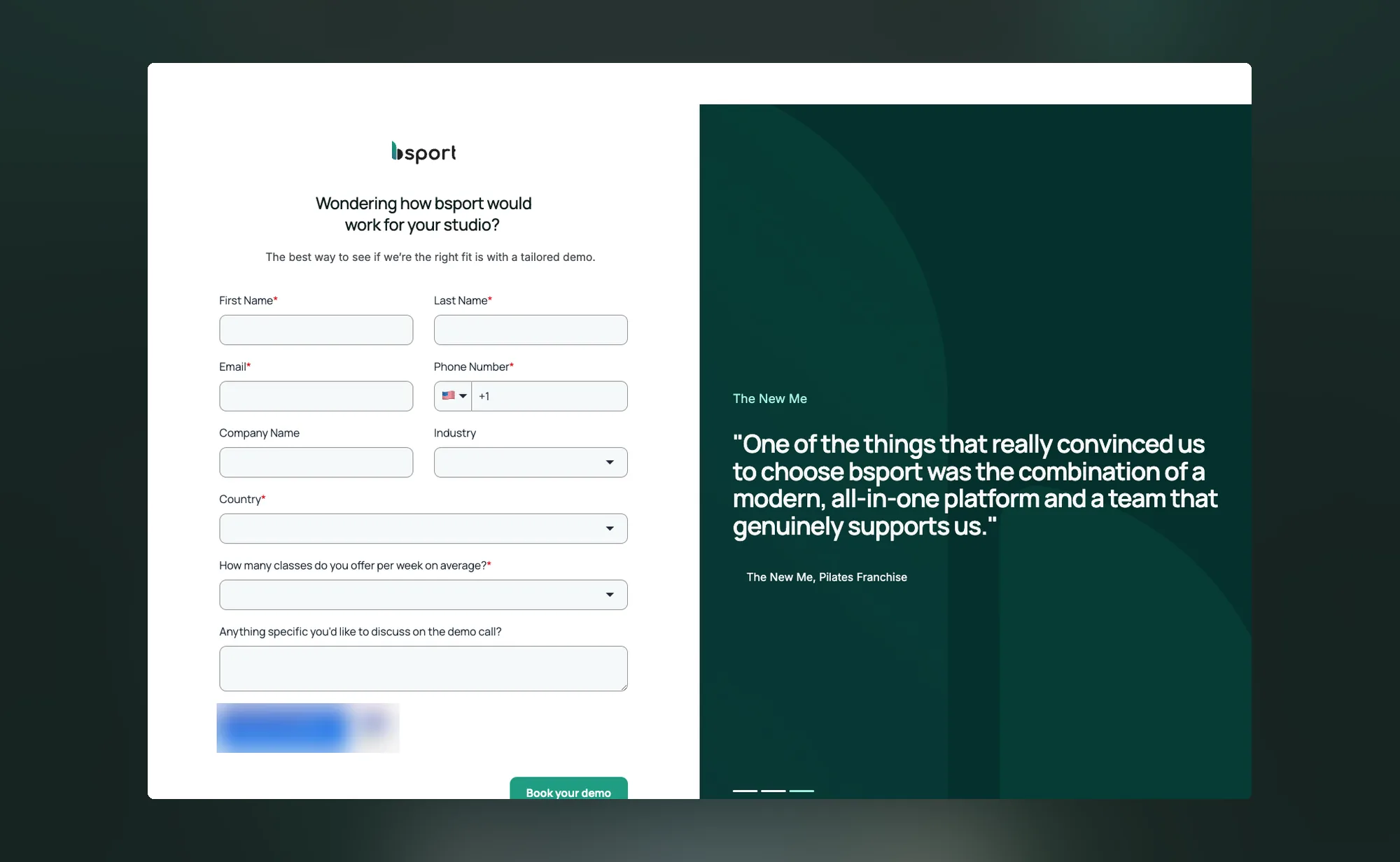 The bsport demo page: the tailored-demo request form on the left, a studio owner's quote on the right.