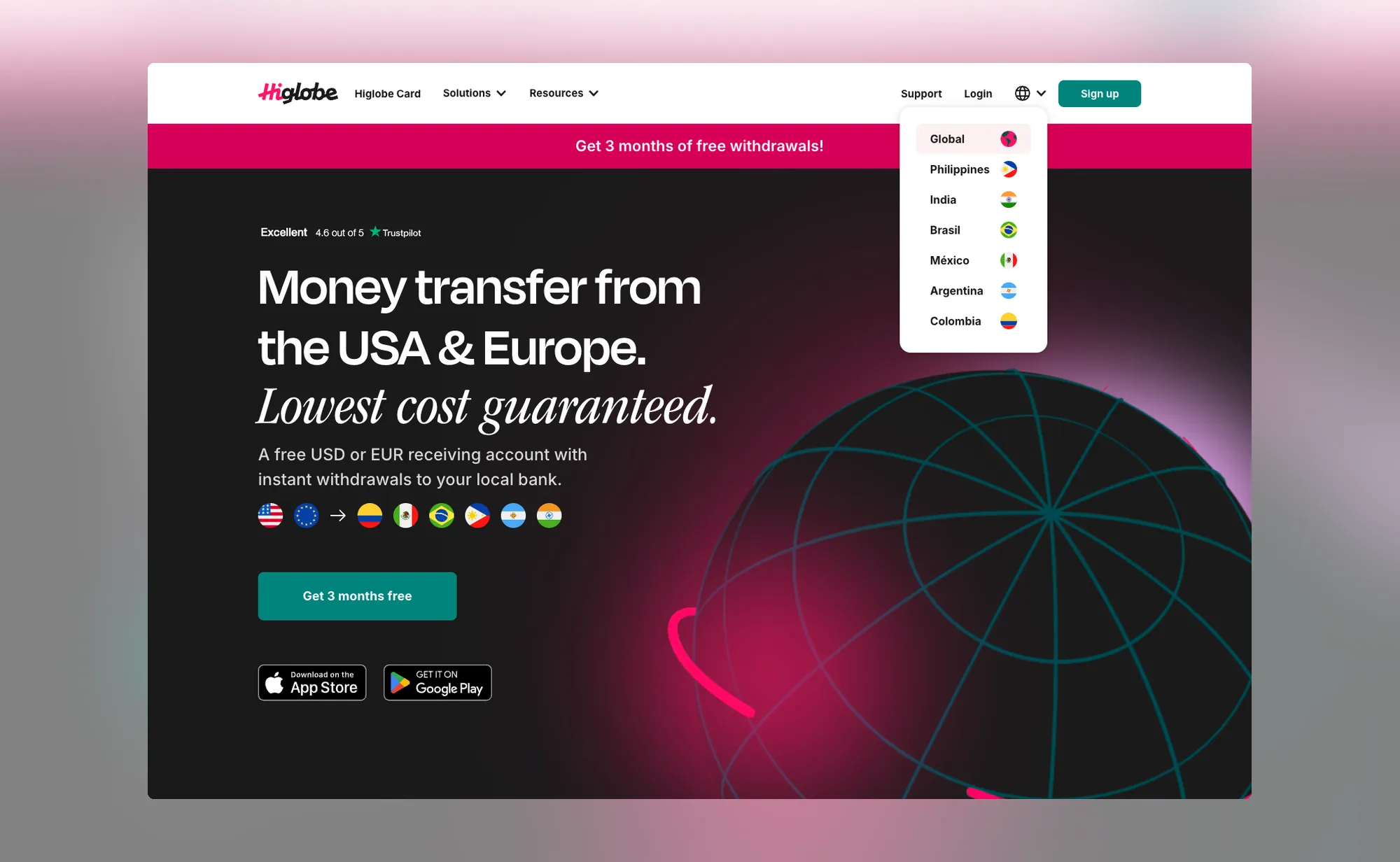 The HiGlobe region switcher open in the navigation, listing all seven markets: Global, Philippines, India, Brasil, Mexico, Argentina and Colombia.