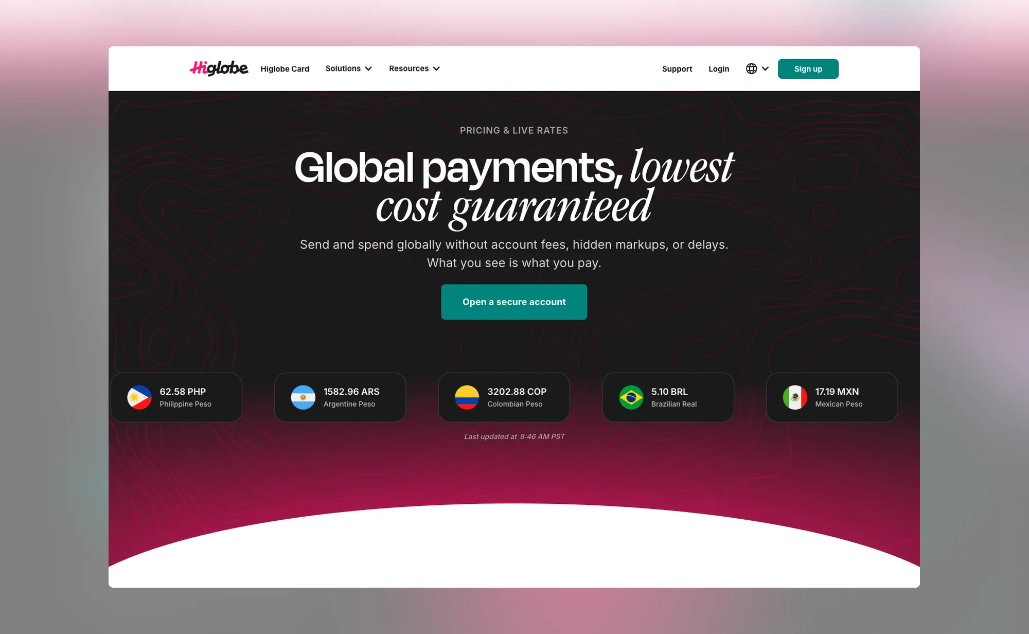 The HiGlobe pricing page with live FX rate cards for the Mexican peso, Philippine peso, Argentine peso, Colombian peso and Brazilian real.