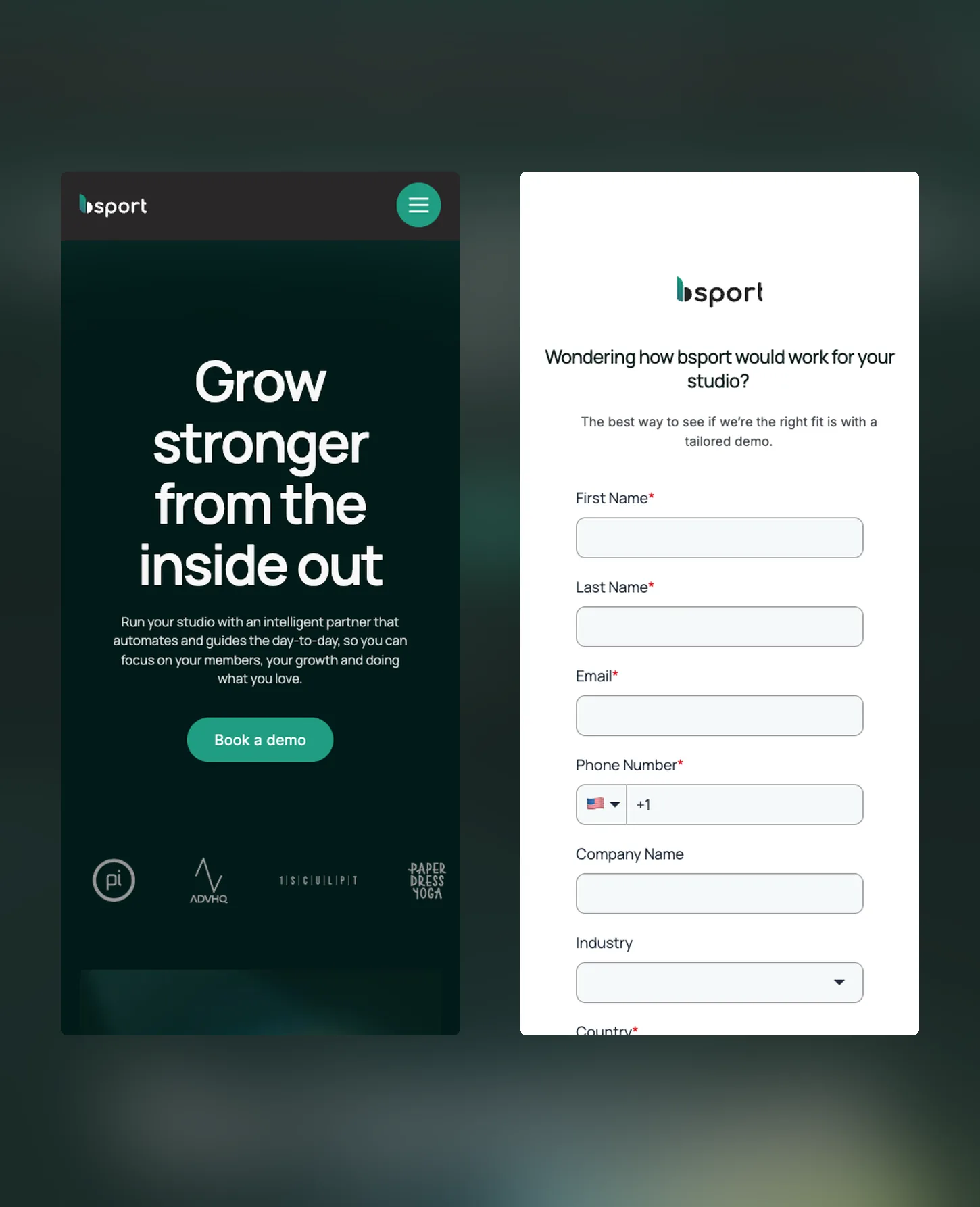 The bsport homepage and the demo request form on two phone screens.