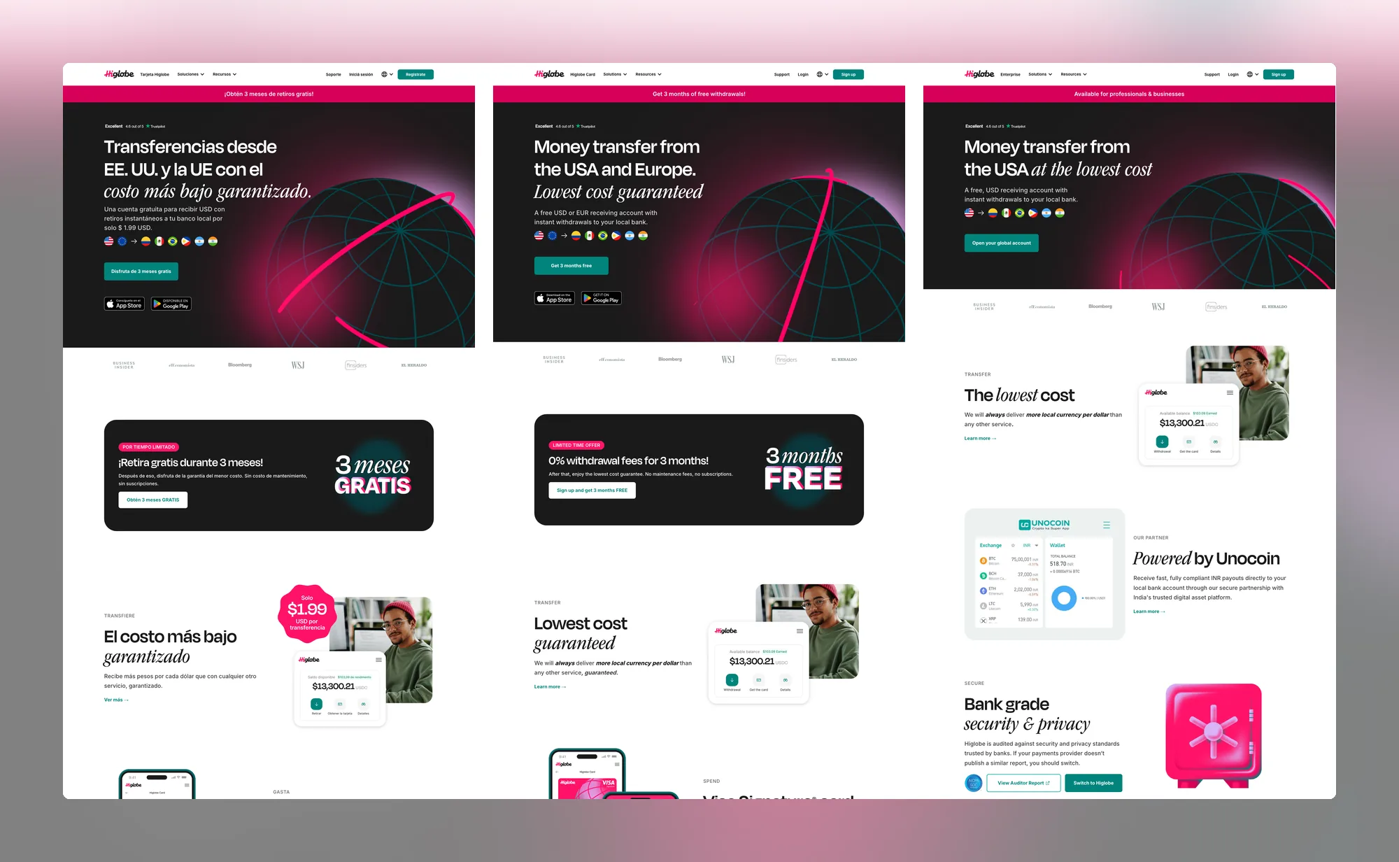 Three HiGlobe market pages side by side: the Spanish homepage, the Philippines page and the India page.
