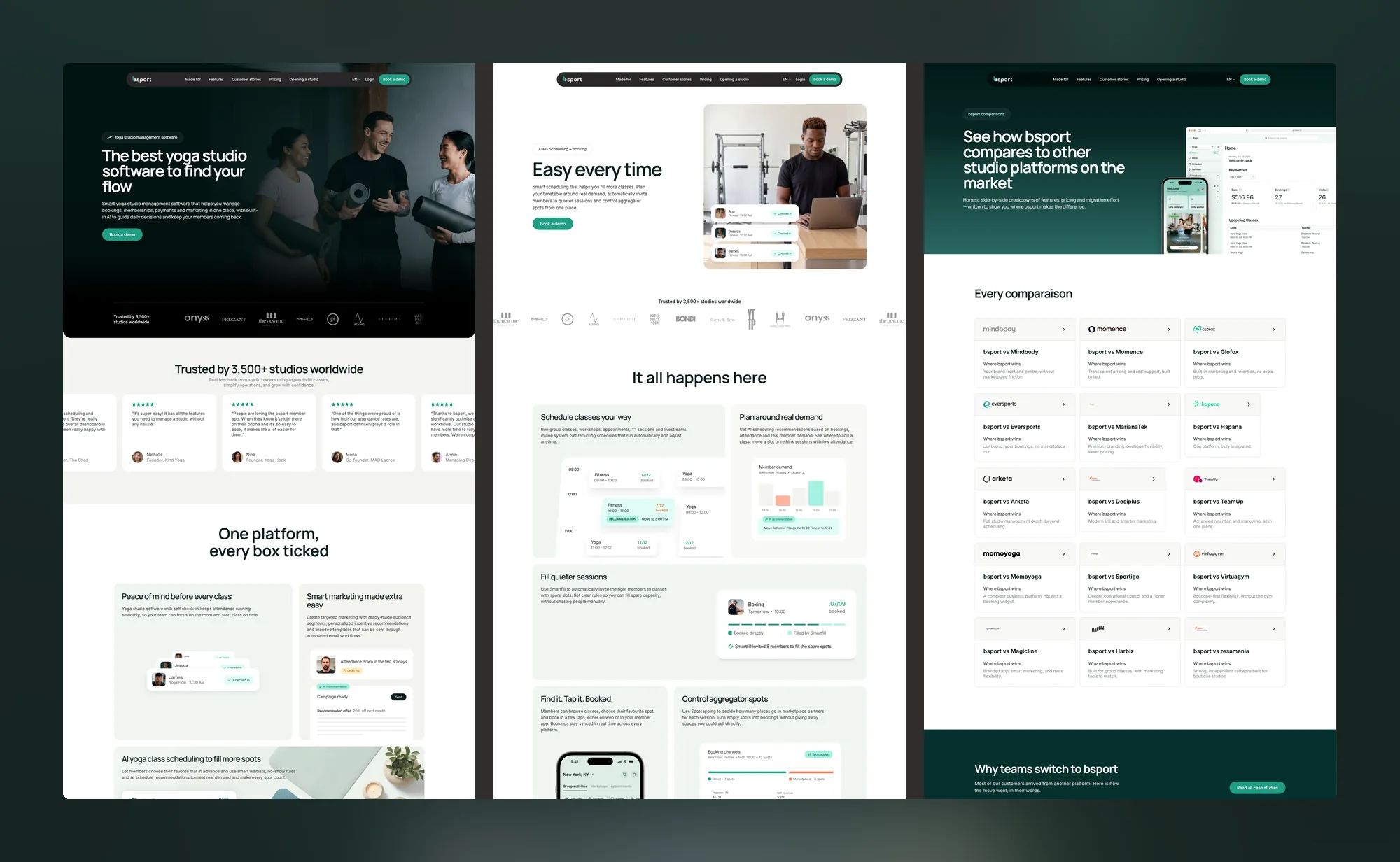Three page types from the bsport system: a studio landing page, a feature page and the competitor comparison hub.