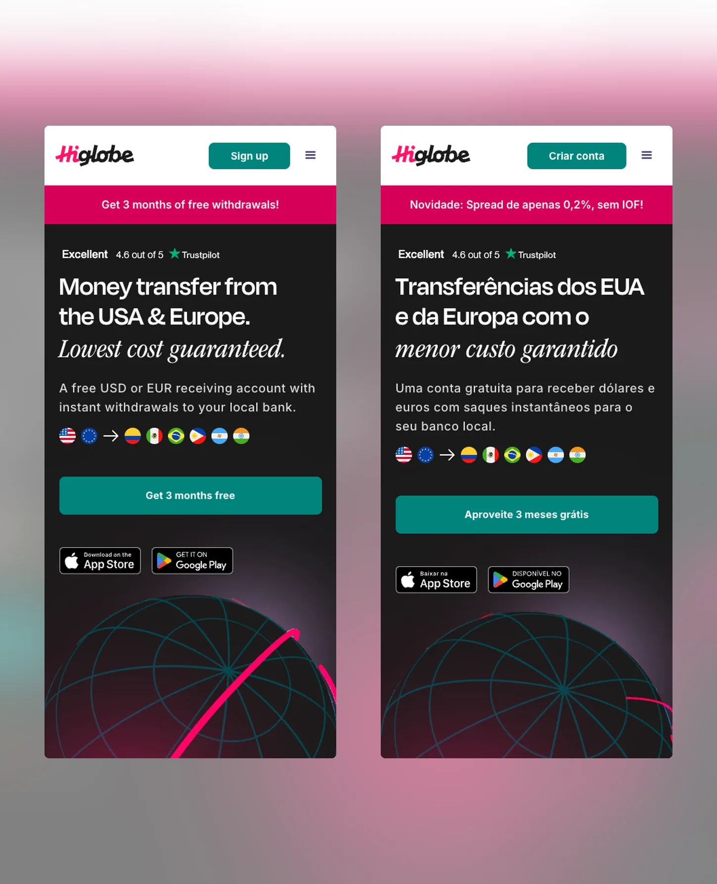 The HiGlobe homepage on two phone screens, in English and in Portuguese.