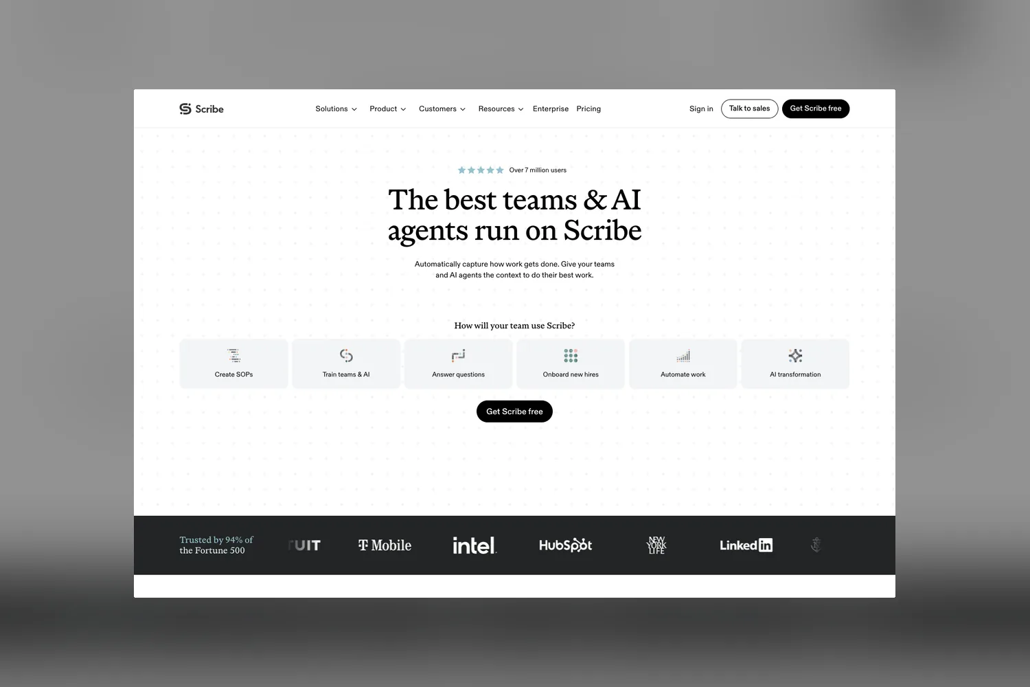The refreshed Scribe homepage, headline The best teams and AI agents run on Scribe above a row of six team use-case cards.