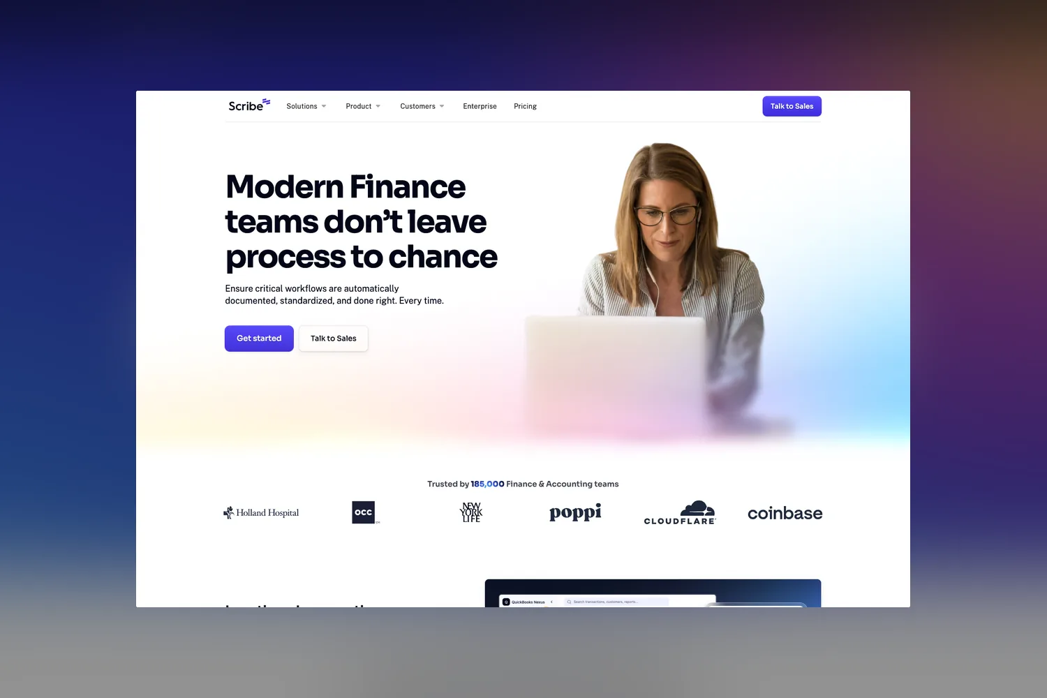 The 2025 Scribe finance and accounting use-case page, headline Modern Finance teams don't leave process to chance above six customer logos.