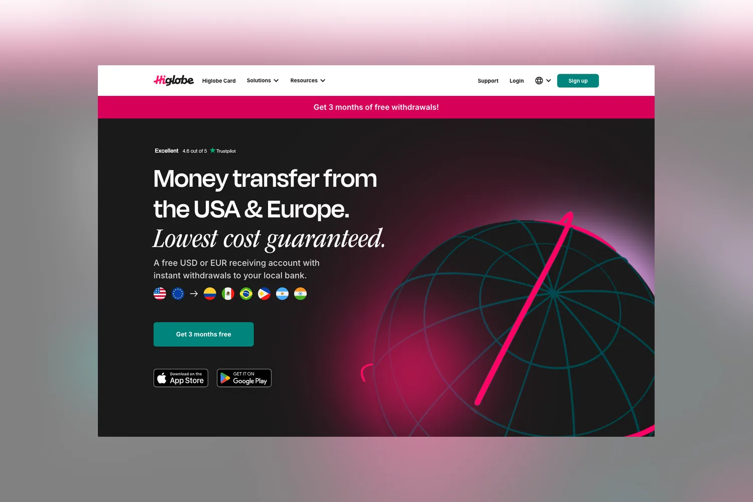 The HiGlobe homepage, headline Money transfer from the USA and Europe, lowest cost guaranteed, beside a wireframe globe, with seven destination flags below.
