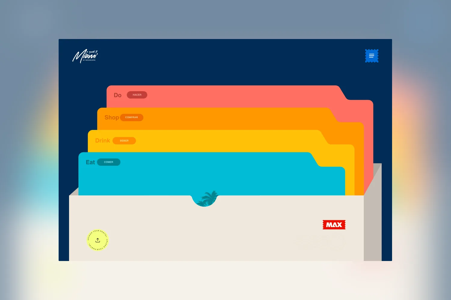 The Guide to Miami home screen: four colour-coded index-card tabs, Do, Shop, Drink and Eat, stacked in an open paper box on navy
