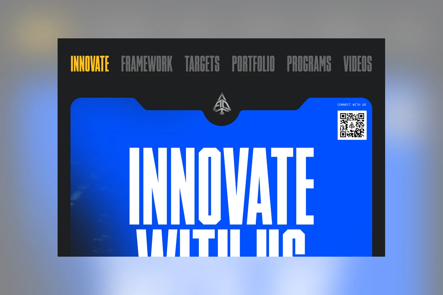 The touchscreen kiosk home screen in a rounded device frame, with a top nav of Innovate, Framework, Targets, Portfolio, Programs and Videos and a QR code in the corner