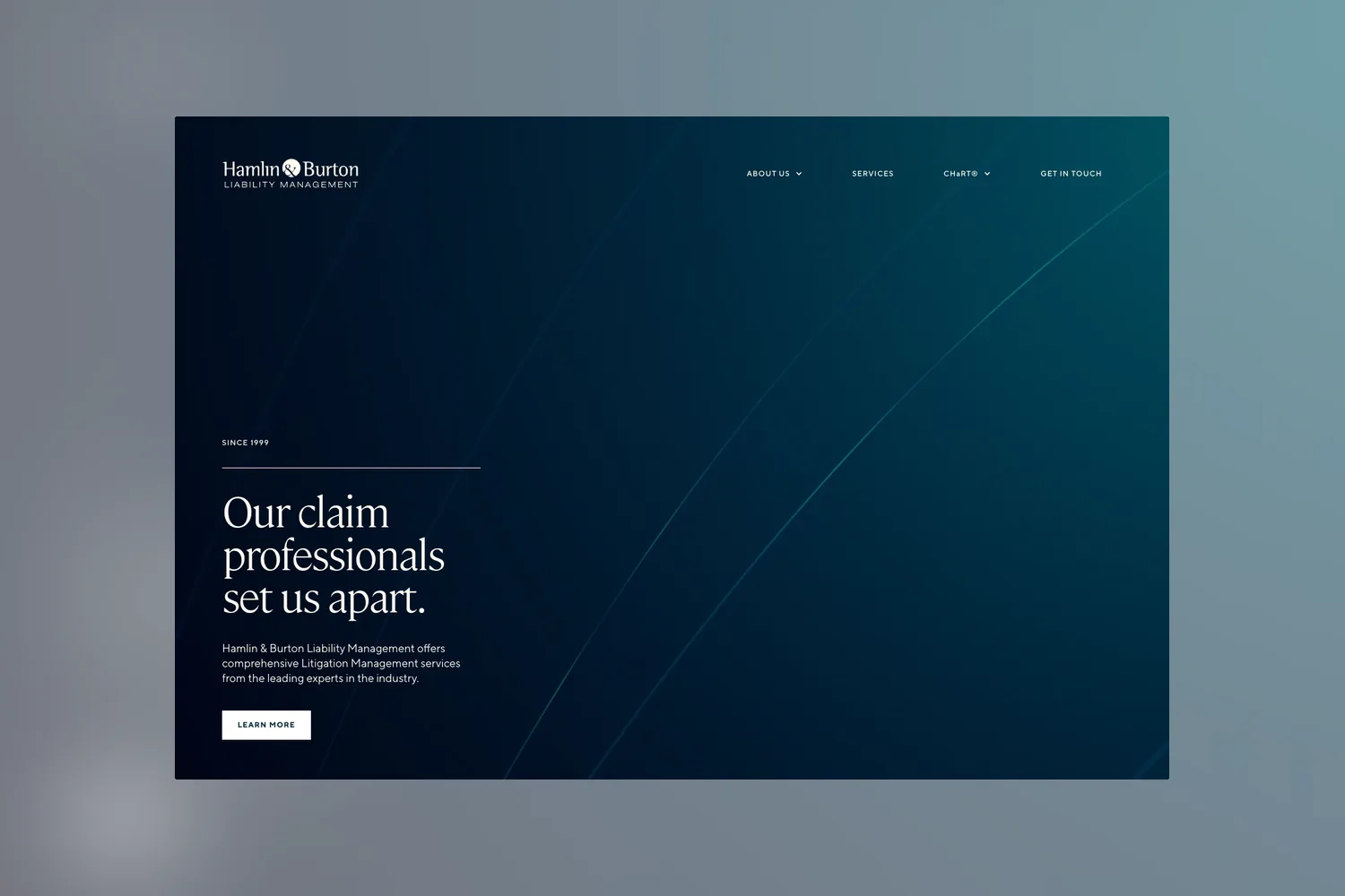 The Hamlin & Burton home page hero: the headline Our claim professionals set us apart over a dark teal gradient with fine curved linework