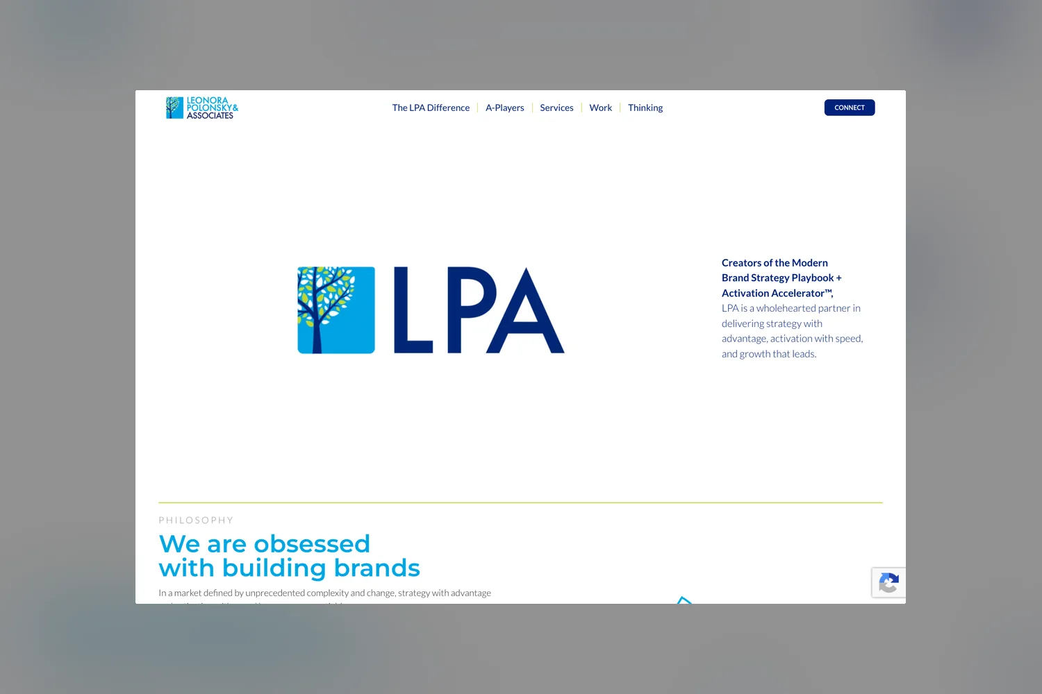 The LPA home page hero: the tree-mark logo centred beside the positioning line about delivering strategy, activation and growth