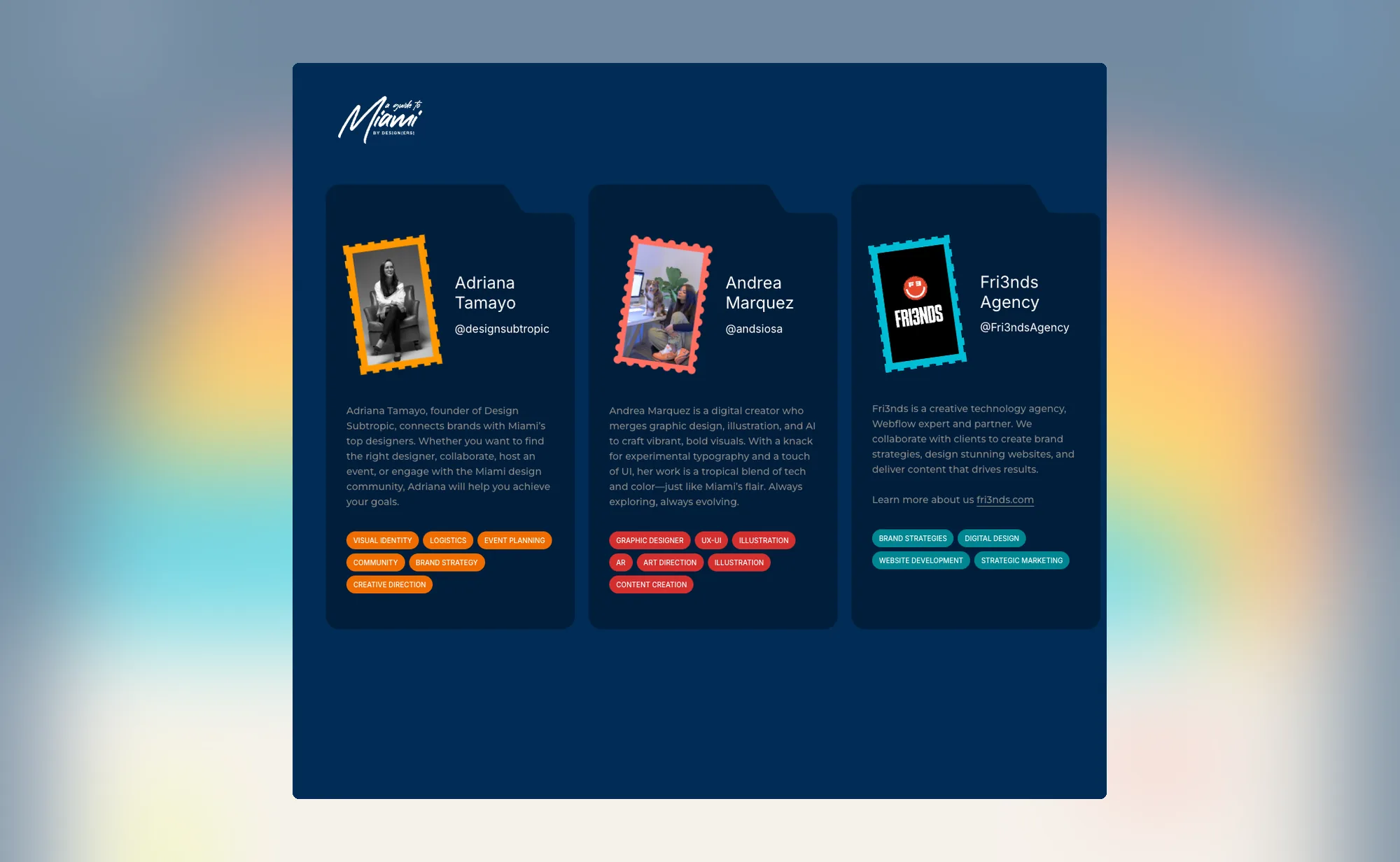 The Tour Guides page, three profile cards with stamp-framed portraits, handles and skill tags on navy