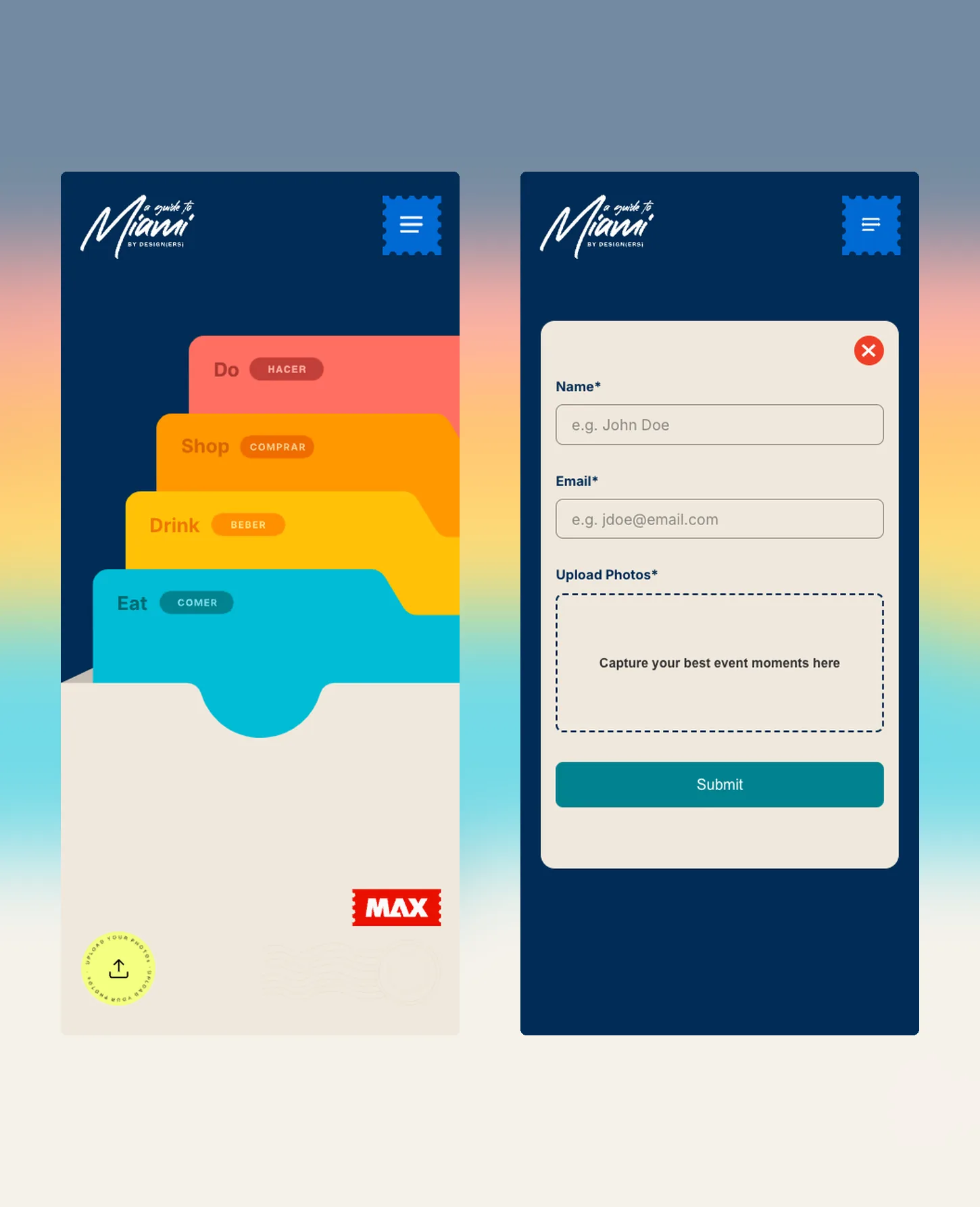 Two phone screens side by side: the stacked index-card home screen and the photo upload form with name, email and a drag-and-drop area