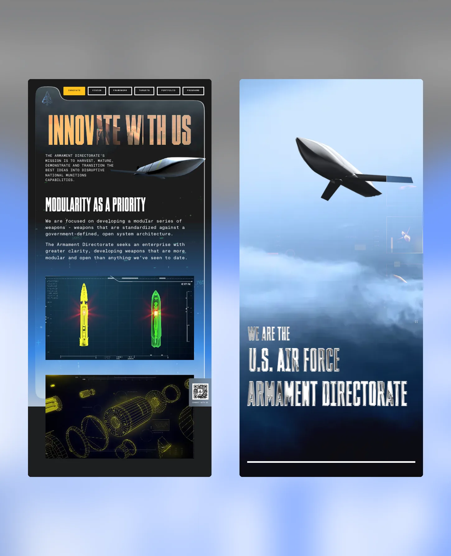 Two narrow screens side by side: the kiosk experience view with technical schematics and the event landing page hero