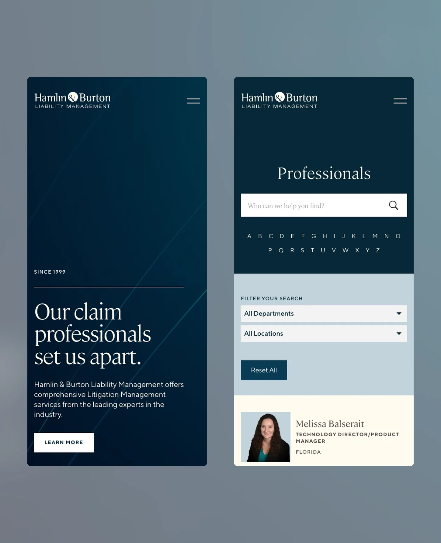 Two phone screens side by side: the home page hero and the professionals directory with its search field, A to Z index and filters