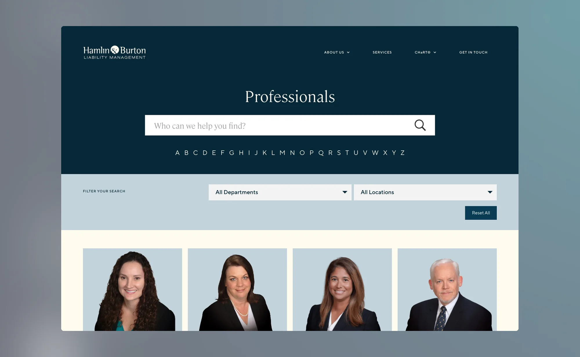 The searchable professionals directory: a who can we help you find search field, an A to Z surname index, department and location filters, and a grid of staff portraits
