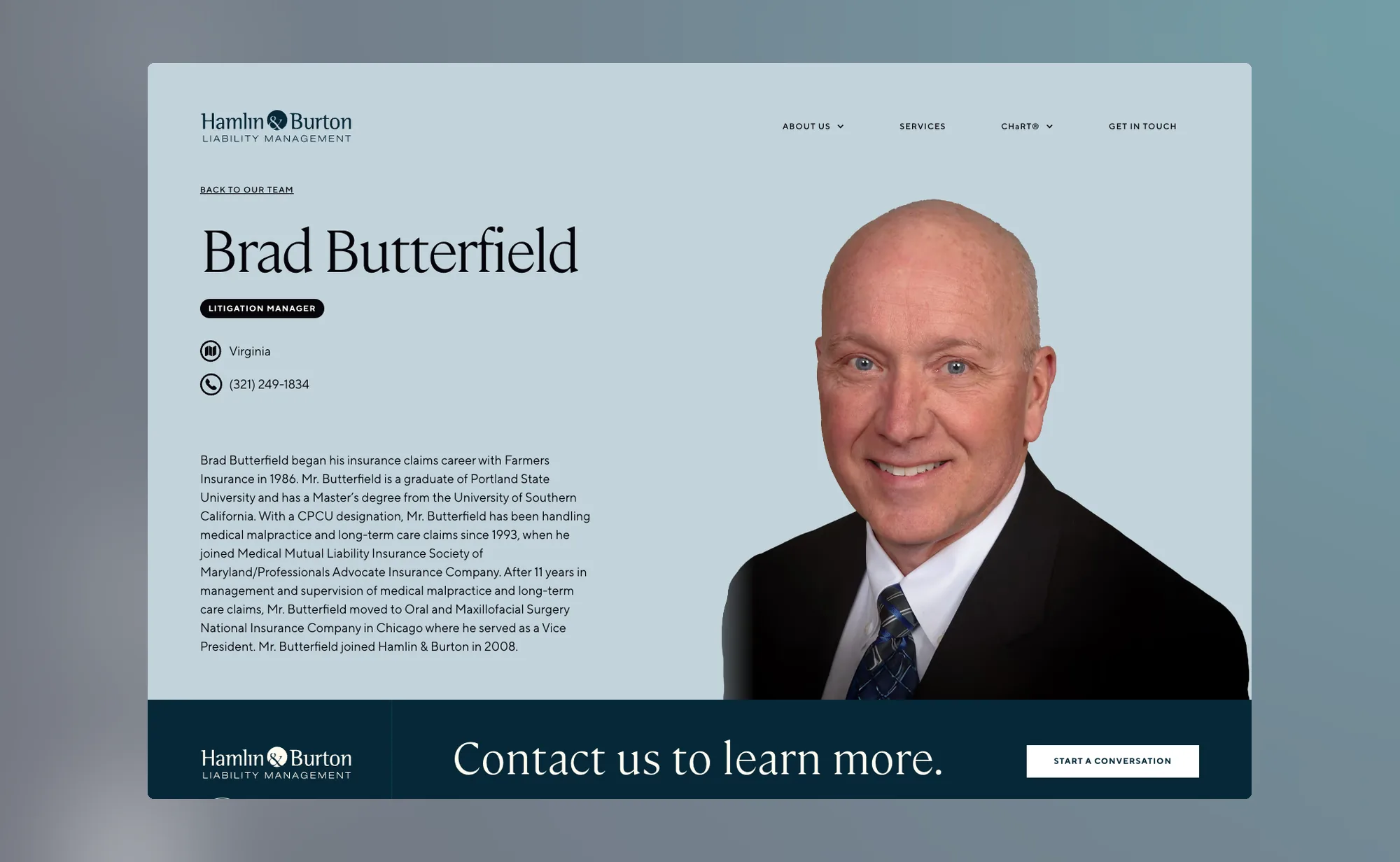 An individual professional's profile page, a background-removed portrait on the brand blue beside the biography and contact details