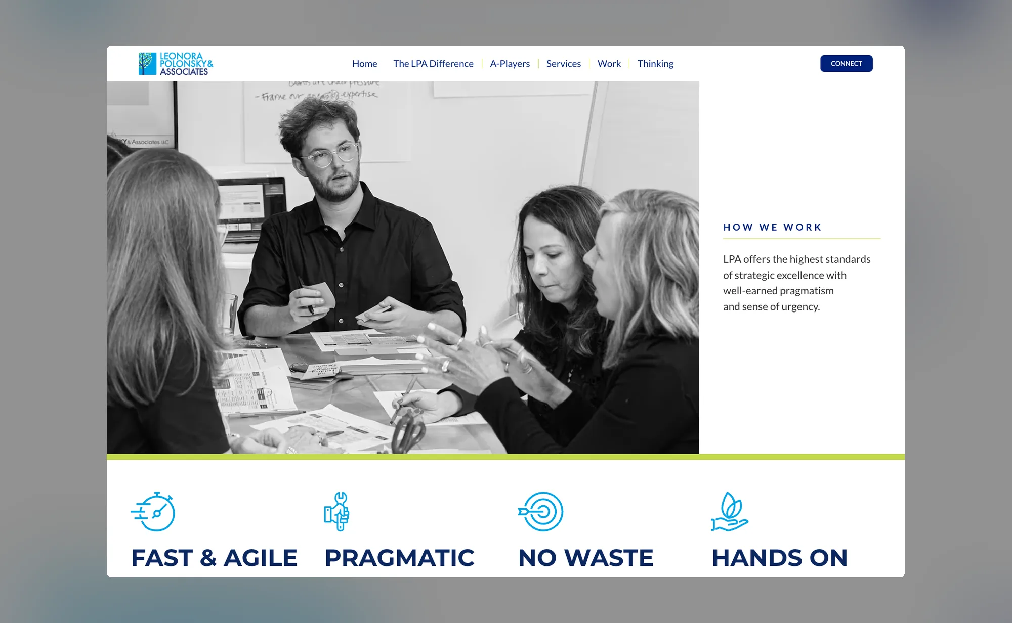 The How We Work page, a black and white workshop photograph above the four working principles: fast and agile, pragmatic, no waste, hands on