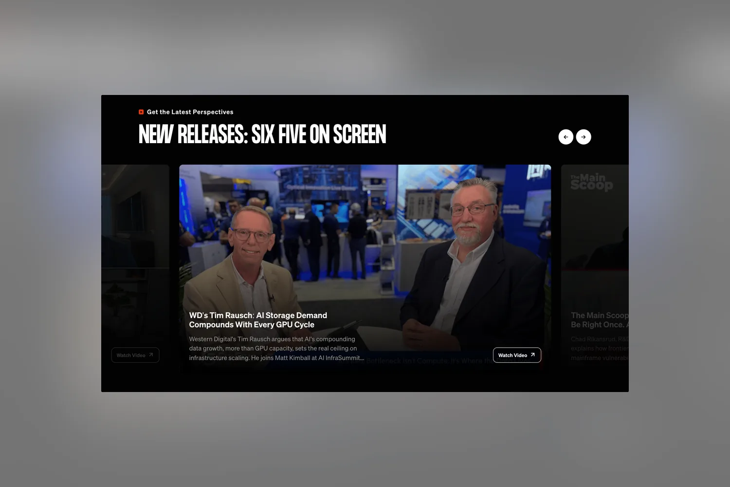 The Six Five Media homepage new releases carousel, headed New releases: Six Five on screen, with a video card and a Watch video button