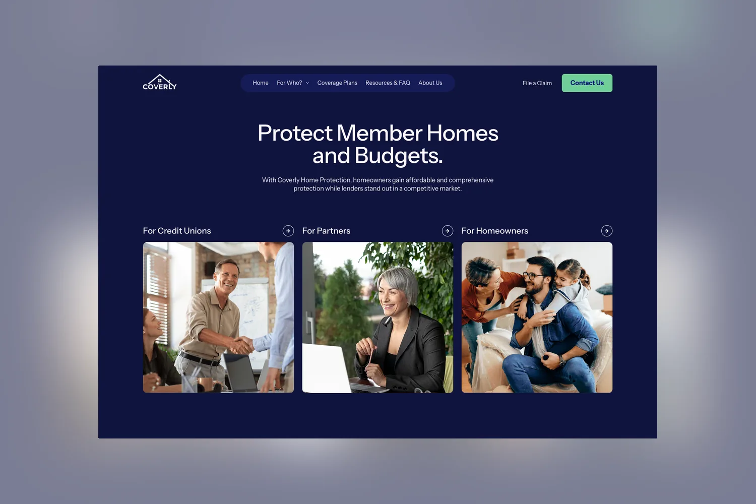 The Coverly homepage, headed Protect member homes and budgets, with three audience paths for credit unions, partners and homeowners