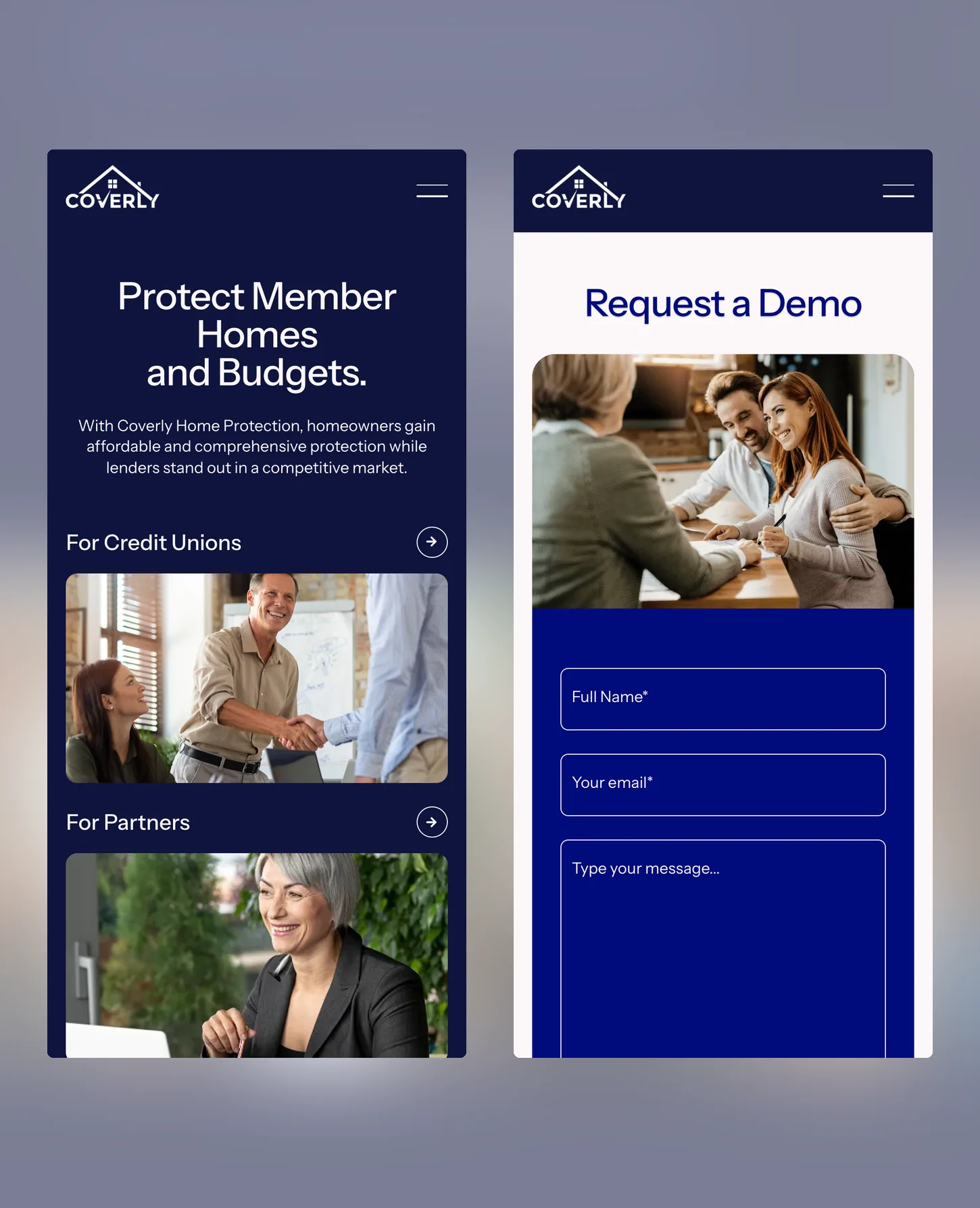 Two phone screens side by side: the Coverly homepage and the Request a demo form