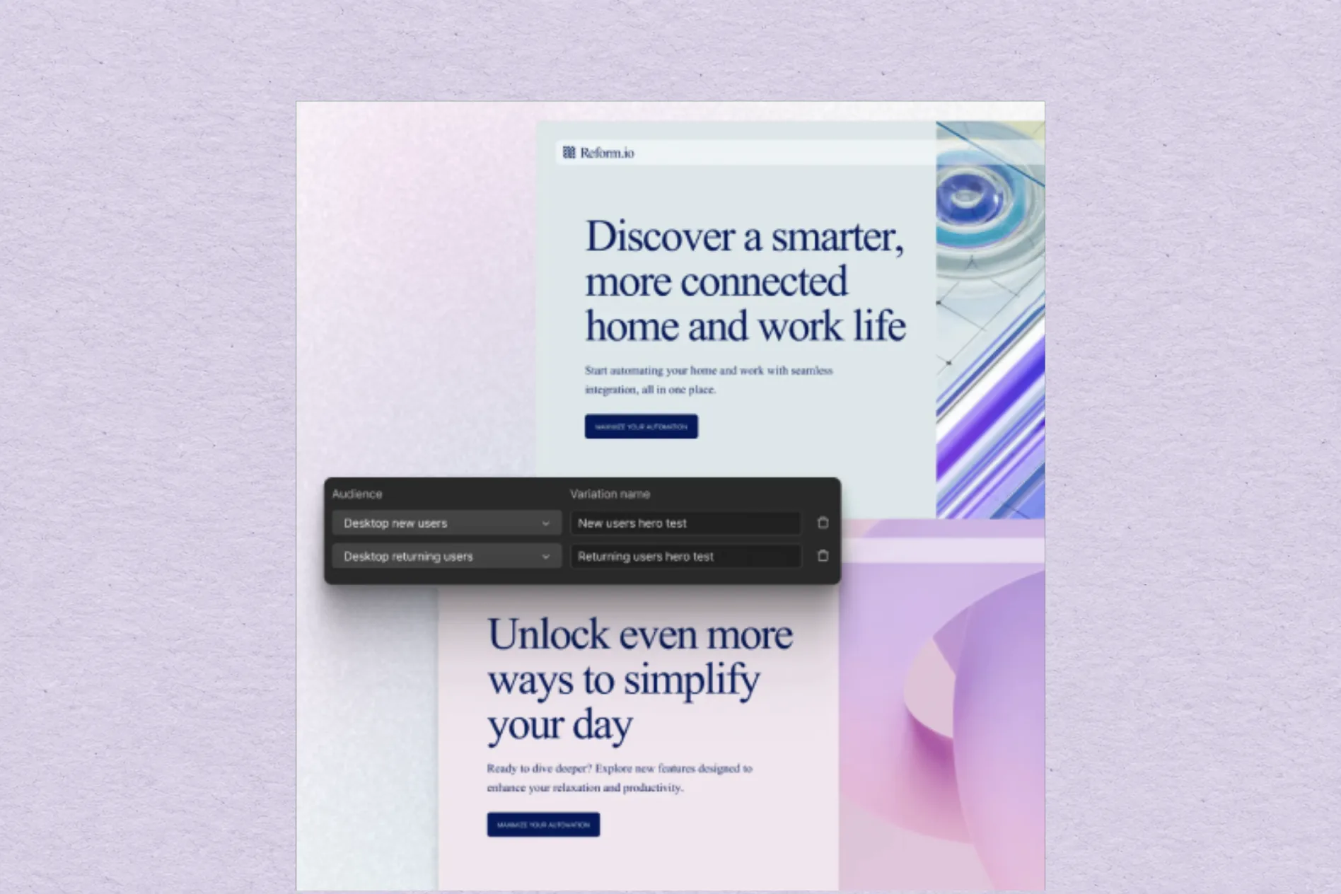 Two stacked website screens in lavender and blue with an A/B variant settings panel, on pale lilac paper
