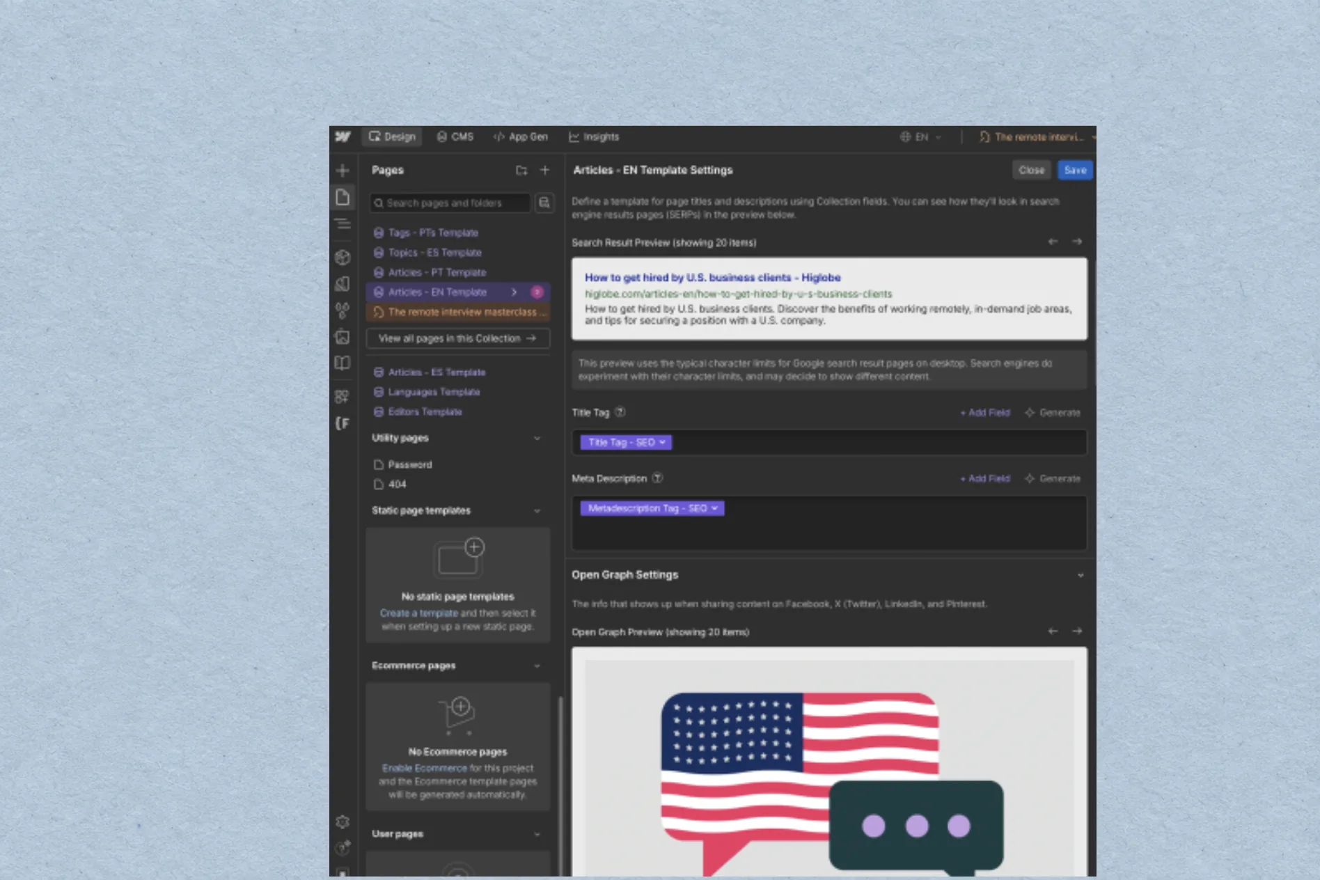 Webflow CMS template settings for programmatic pages with a US flag preview, on smoky blue paper