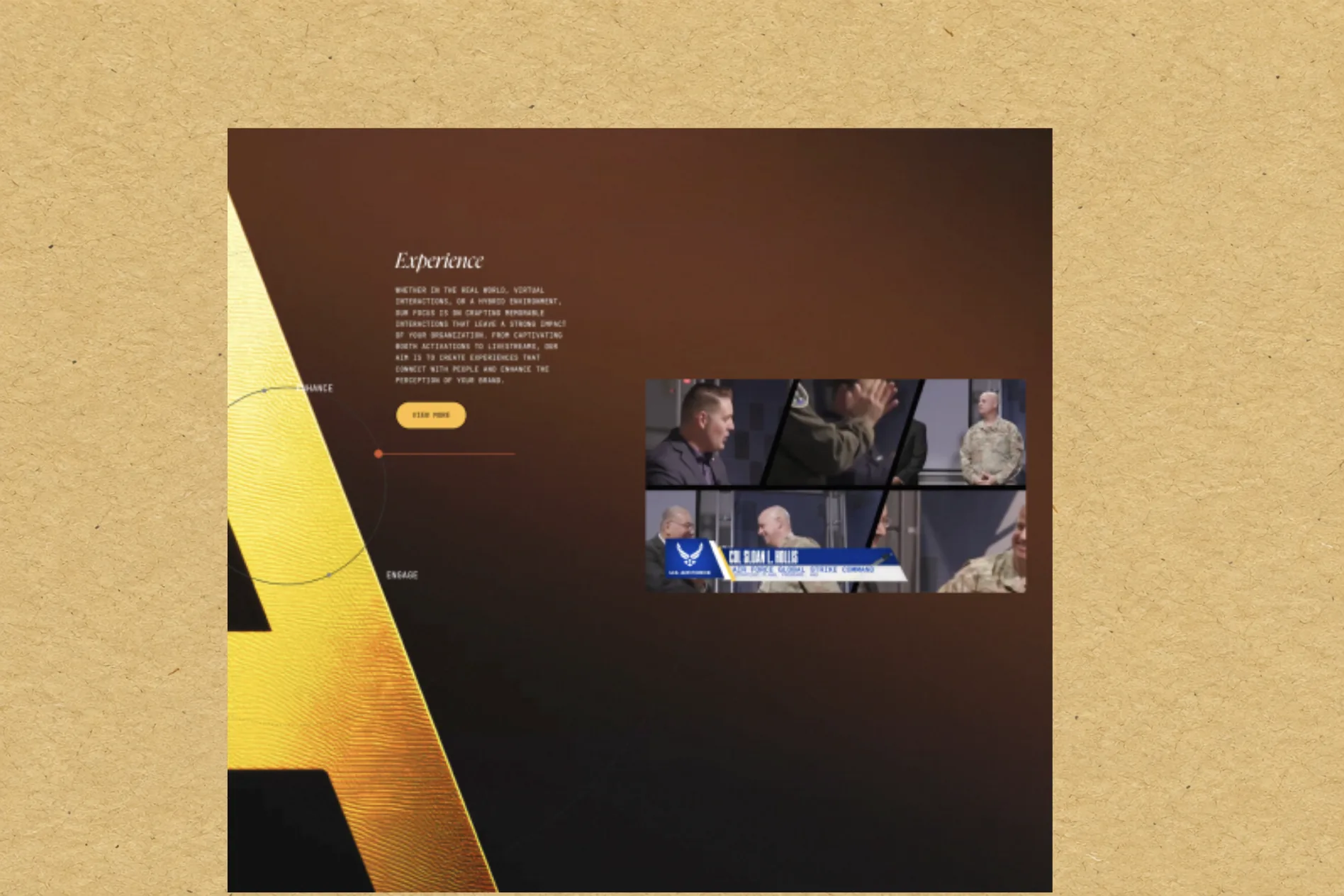 Dark website screen with a gold diagonal light beam, Experience text and a video collage, on warm wheat paper