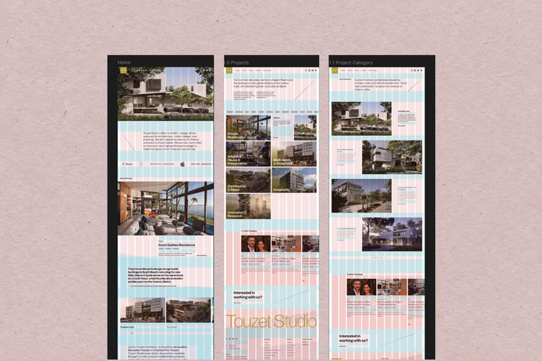 Three Touzet Studio architecture website page layouts overlaid with a coral and blue column grid, on dusty blush paper