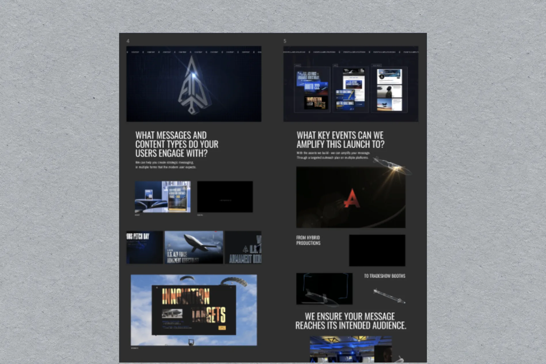 Dark slide deck spread with aircraft imagery and messaging headlines, on pewter paper