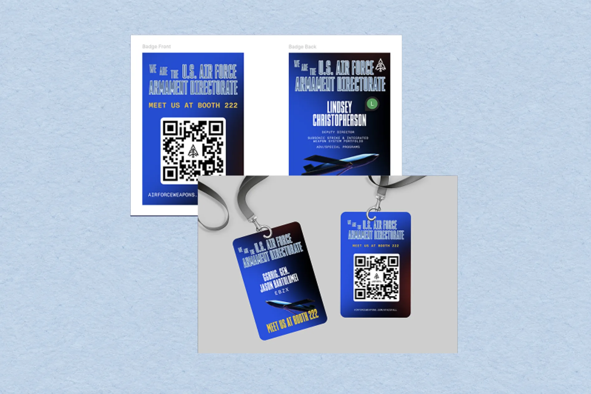 Air Force Armament Directorate badge designs and printed event lanyard cards with QR codes, on powder sky blue paper