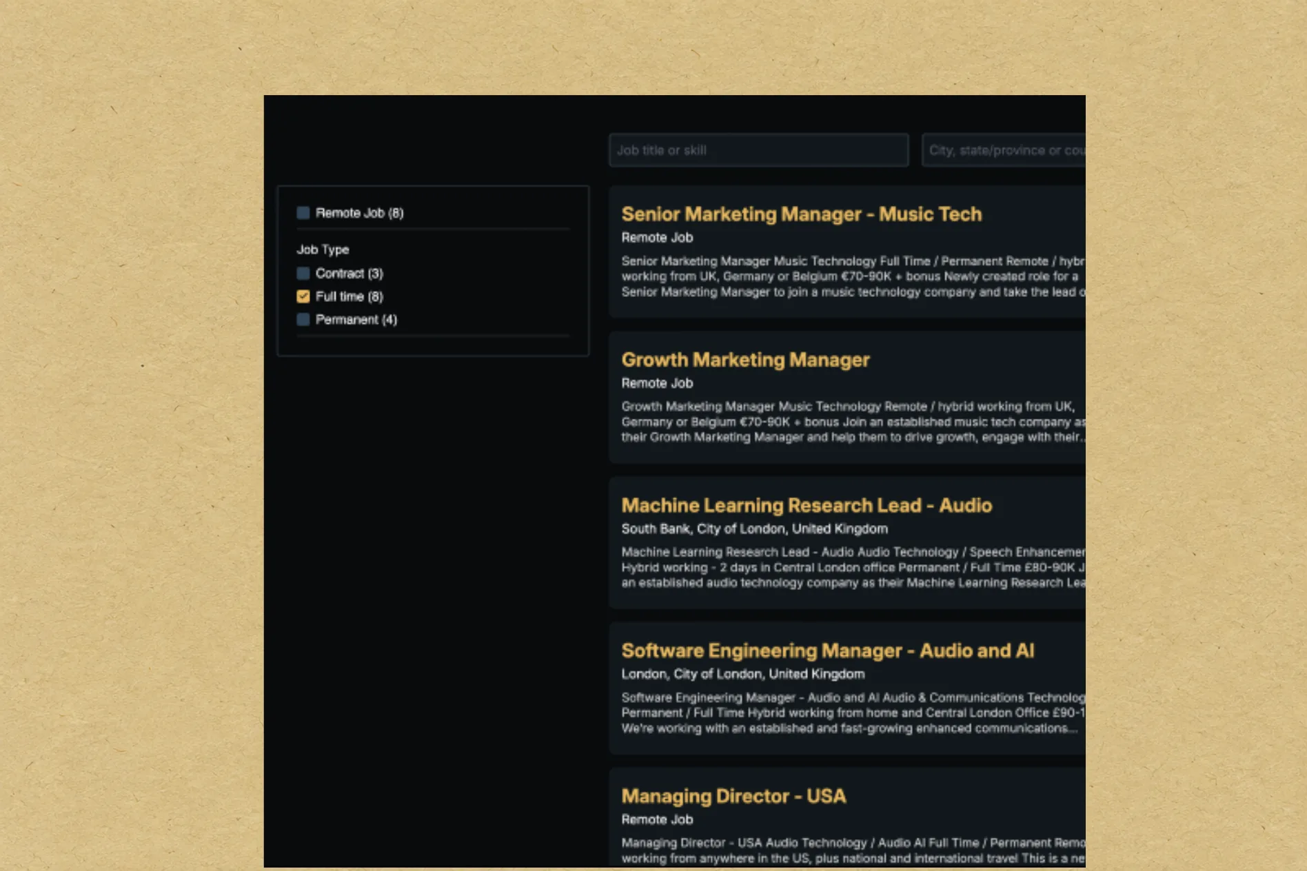 Job listing library with yellow role headers and a filter sidebar, on muted amber paper