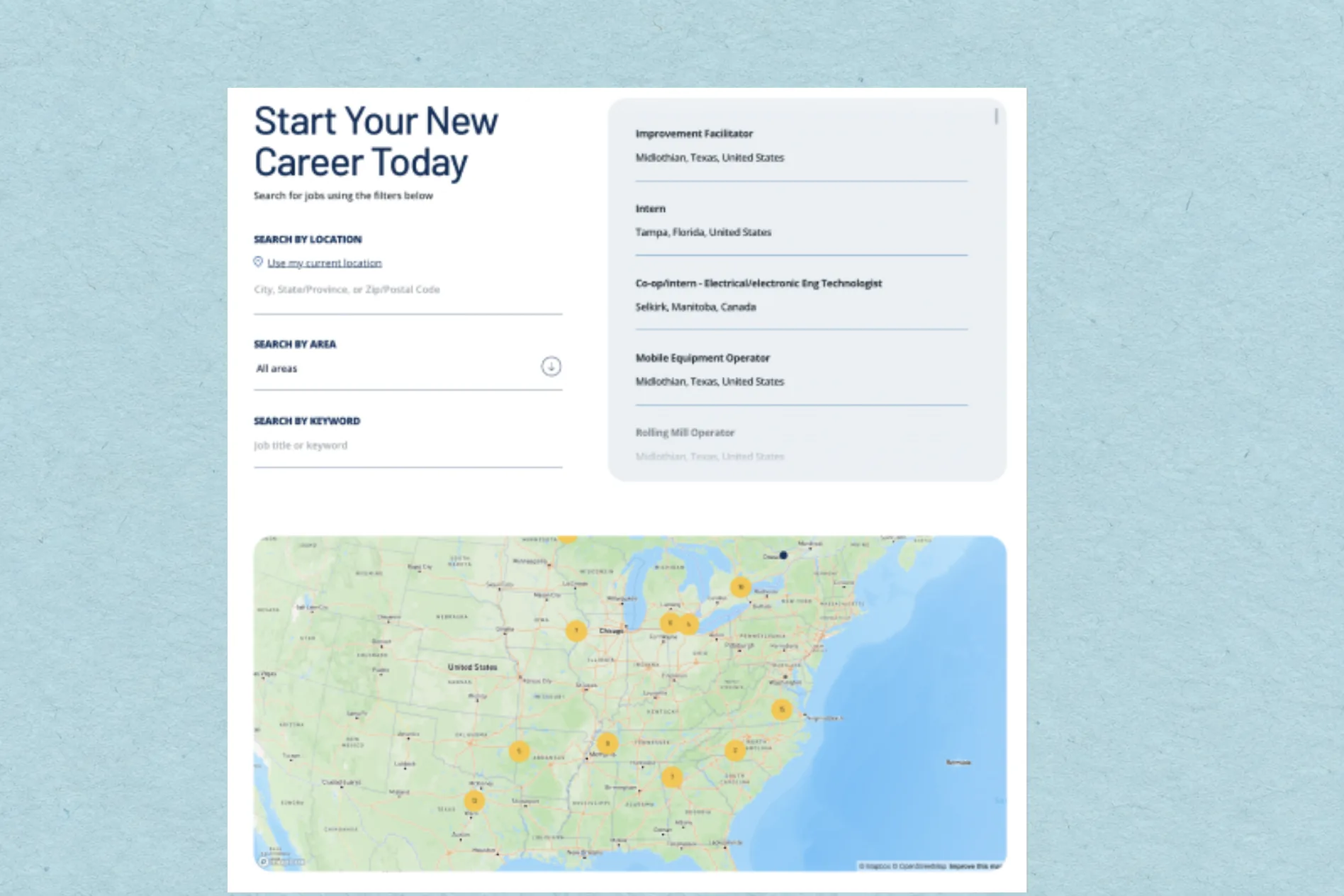 Job search interface with Start Your New Career Today and an interactive map of pinned locations, on coastal blue paper