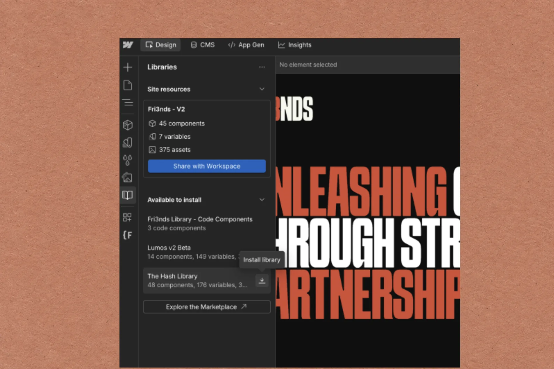Webflow Libraries panel showing the Fri3nds V2 component library over a red editorial headline, on faded terracotta paper